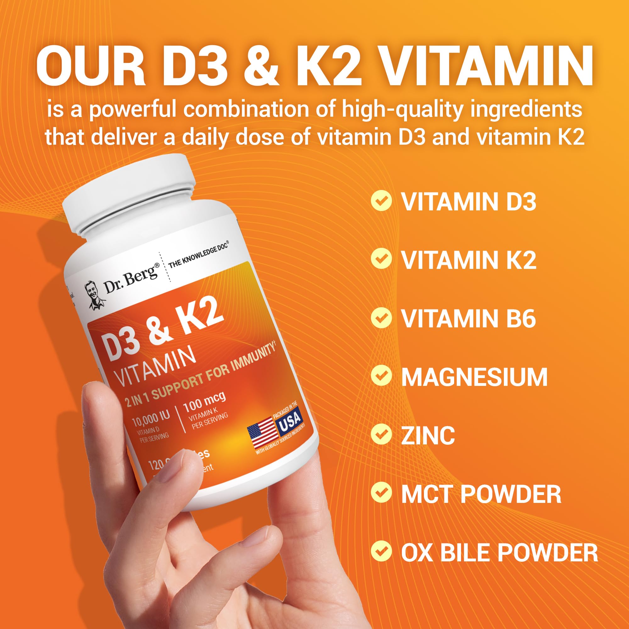 Dr. Berg D3 K2 capsules beside water illustrate easy daily use