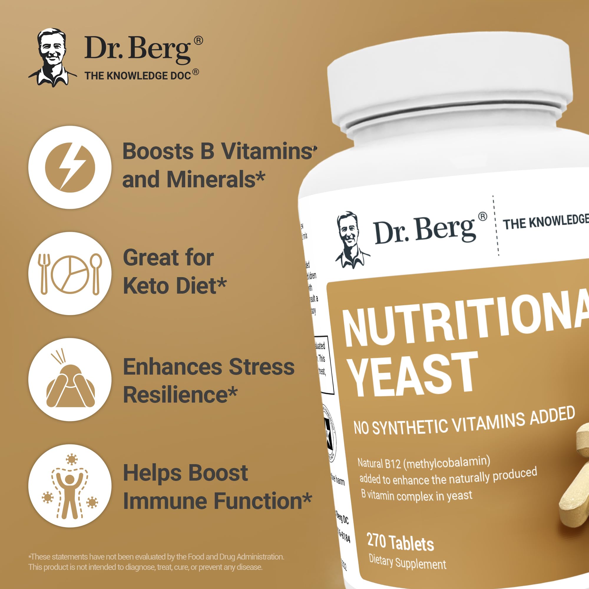 Dr. Berg yeast tablets label highlights B vitamin complex for daily support