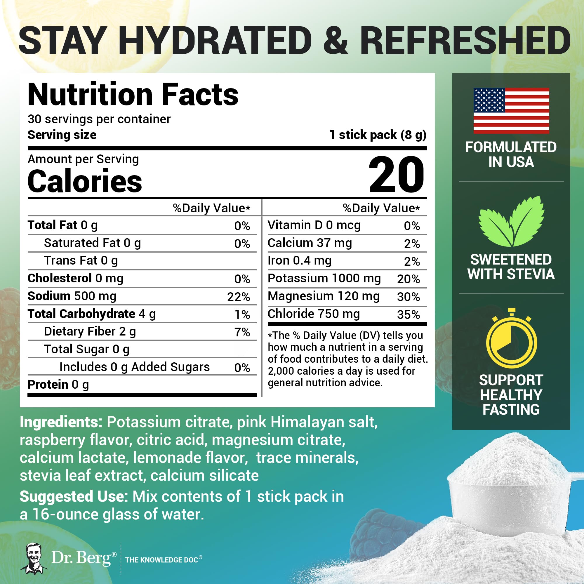 Dr. Berg pink Himalayan salt minerals shown for electrolyte balance.
