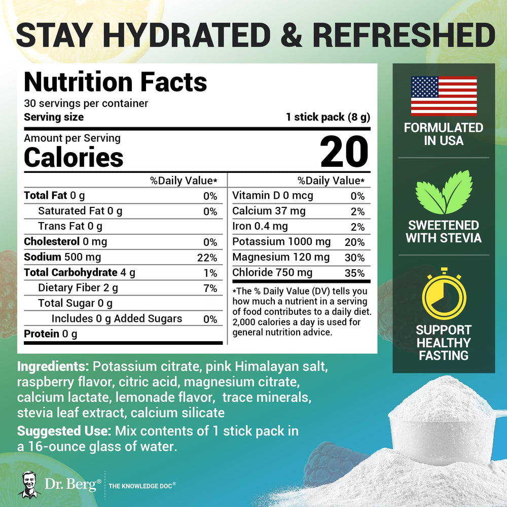 Dr. Berg pink Himalayan salt minerals shown for electrolyte balance.