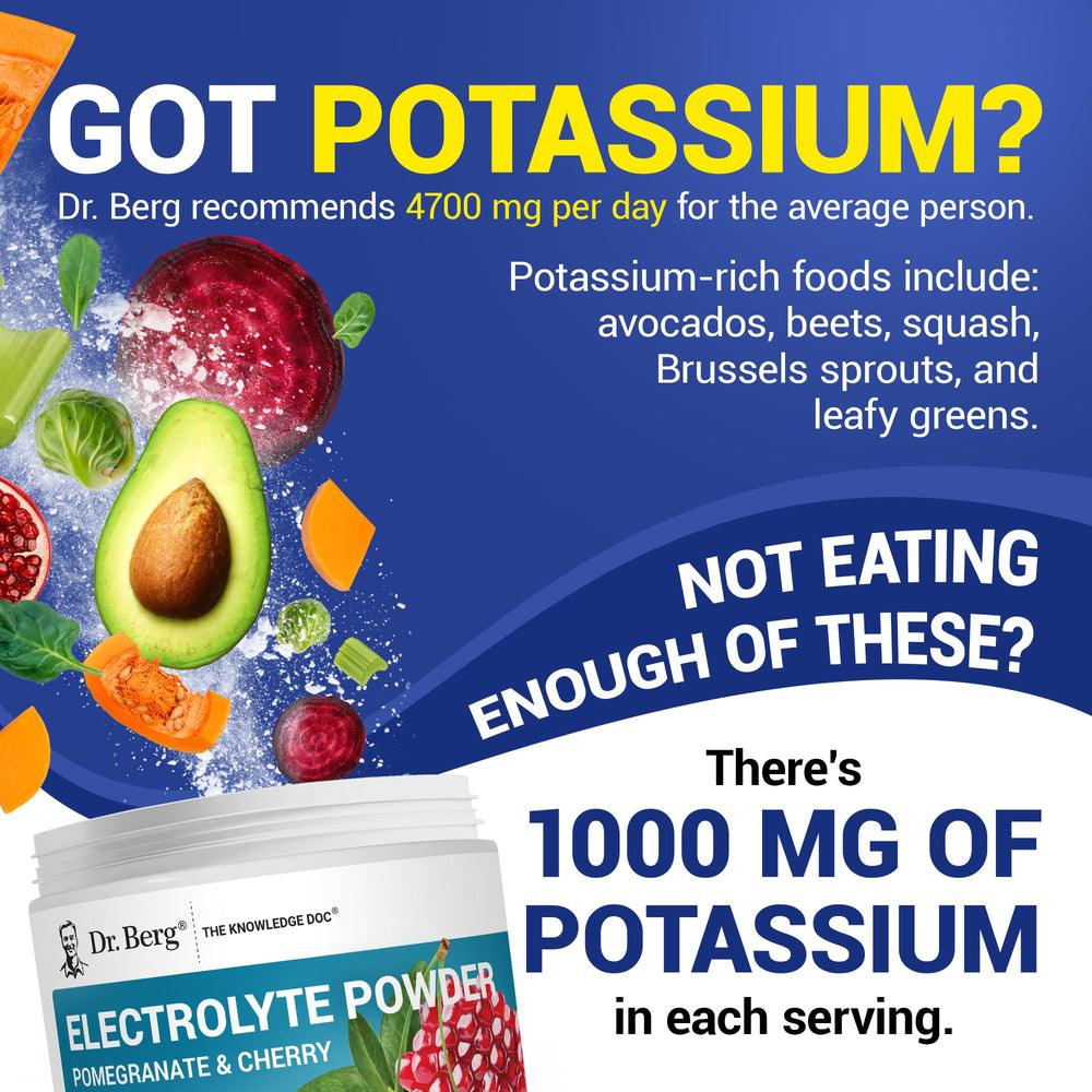 Visual of Dr. Berg electrolytes showing 1000 mg potassium for hydration support.