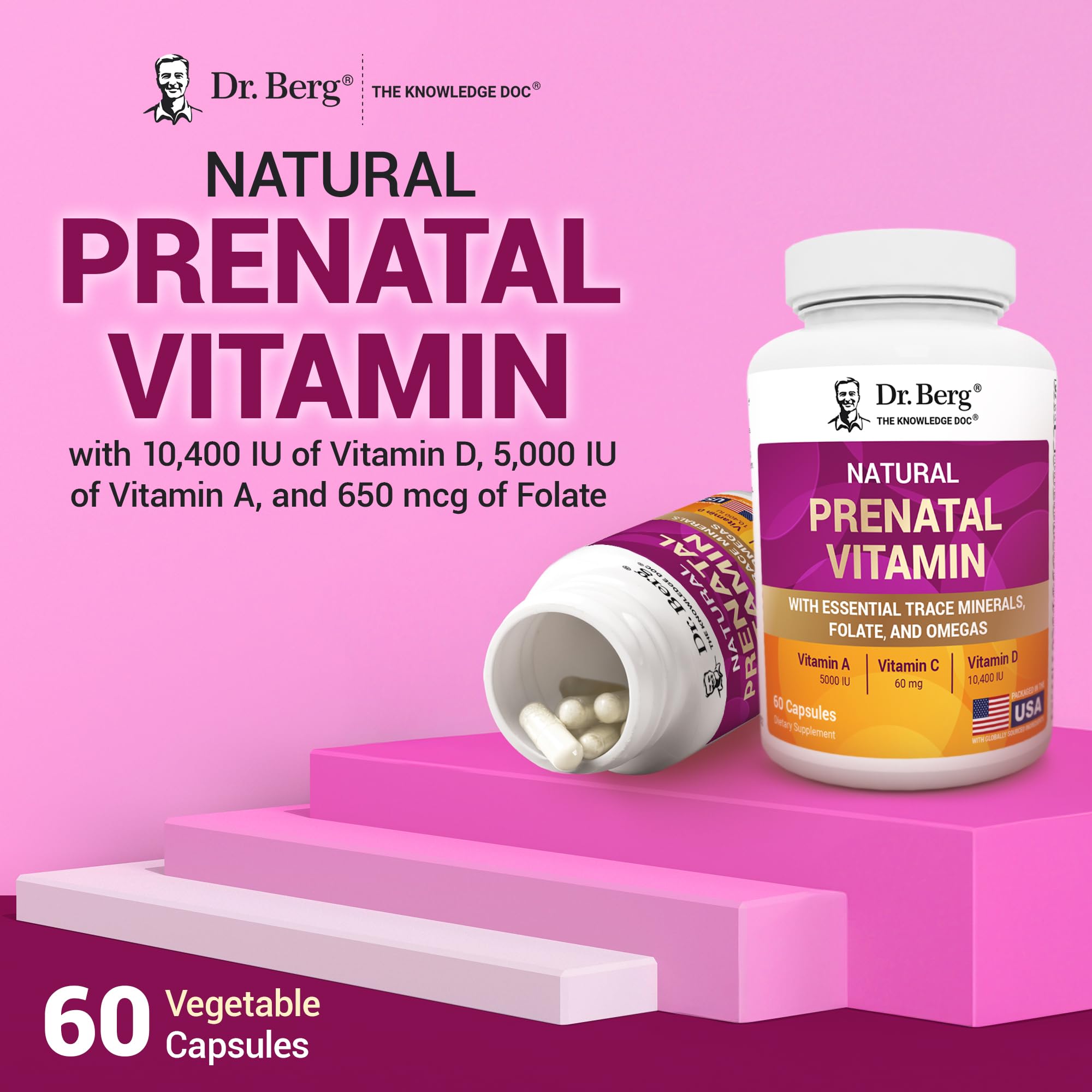 Dr. Berg Prenatal two-capsule daily serving shown beside a glass of water.