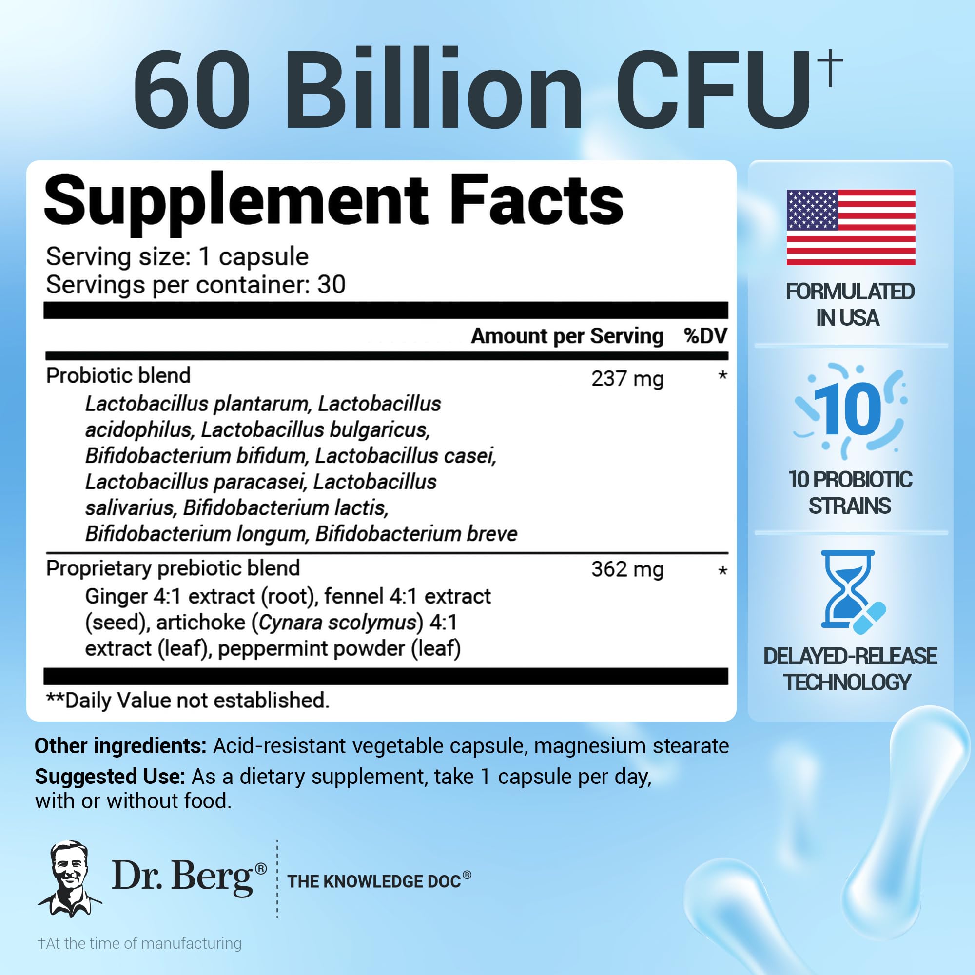 Close-up of Dr Berg probiotic capsules for easy daily use.