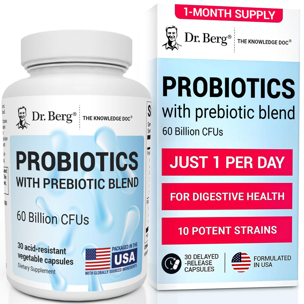 Dr Berg Probiotic bottle with 60B CFUs supports daily gut health.
