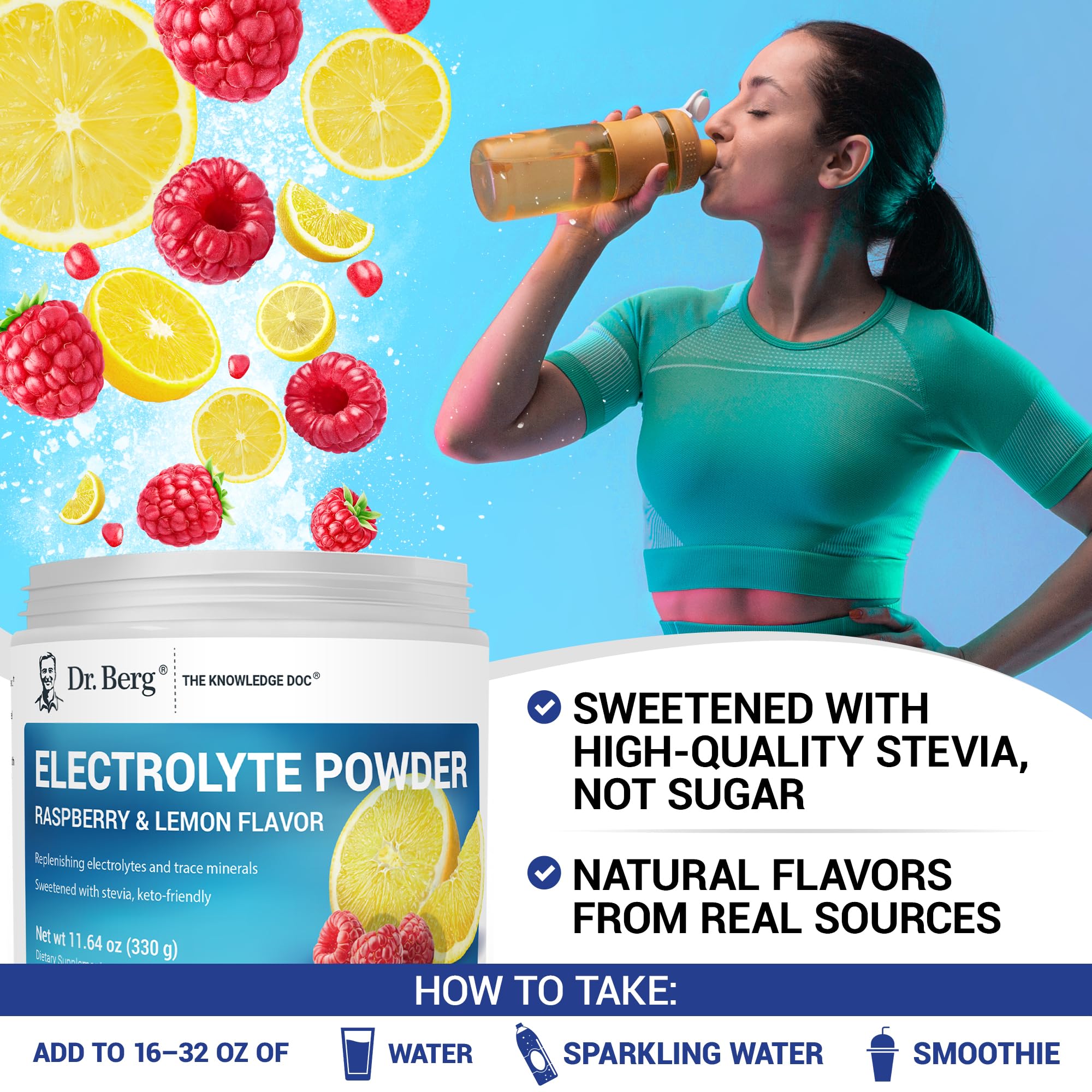 Raspberry Lemon flavor illustration highlights refreshing hydration option.