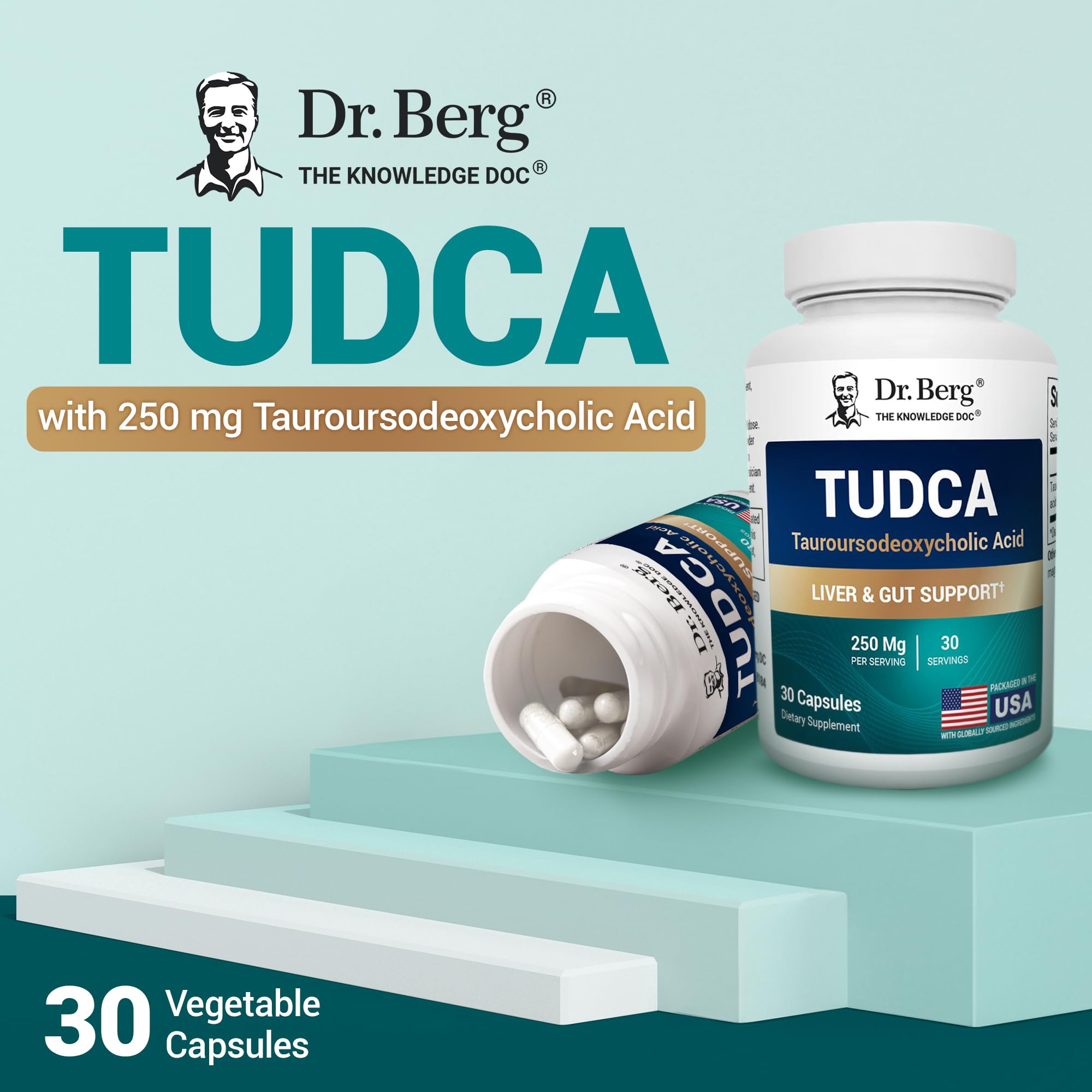 Dr. Berg TUDCA bottle on a countertop for daily digestion support