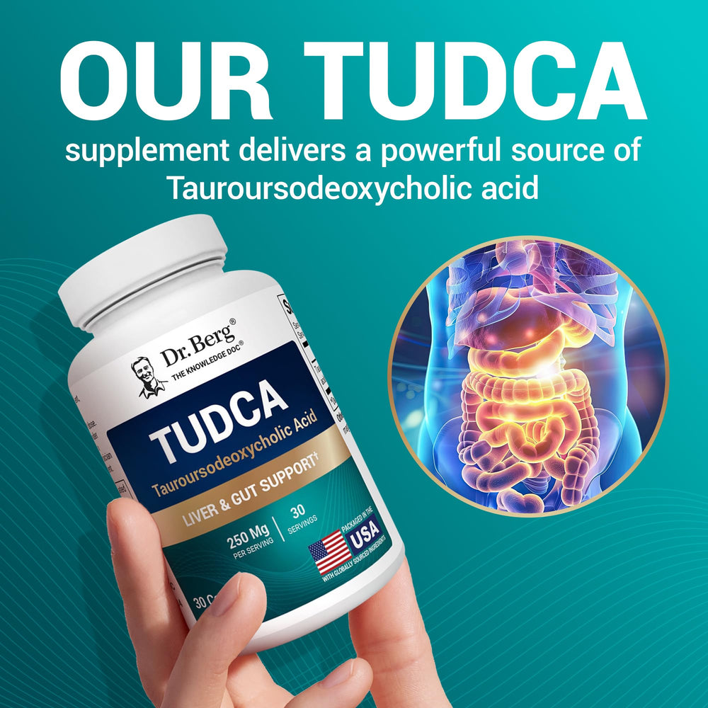 Dr. Berg TUDCA packaging shot emphasizing easy-to-swallow capsules