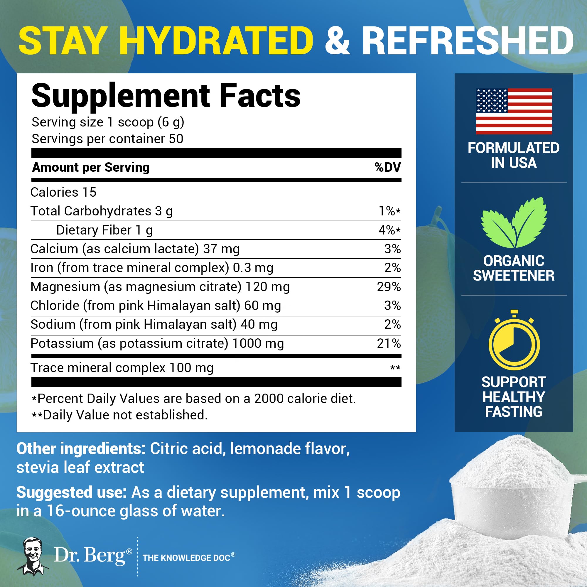 Pouring the lemonade powder into water yields a refreshing electrolyte drink