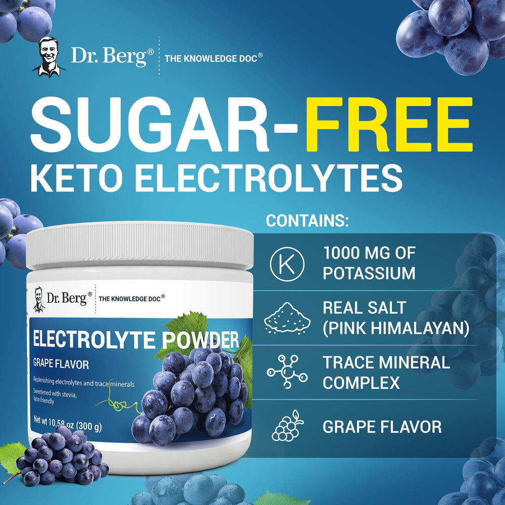 Product pack shot of Dr. Berg Zero Sugar Hydration grape tub.