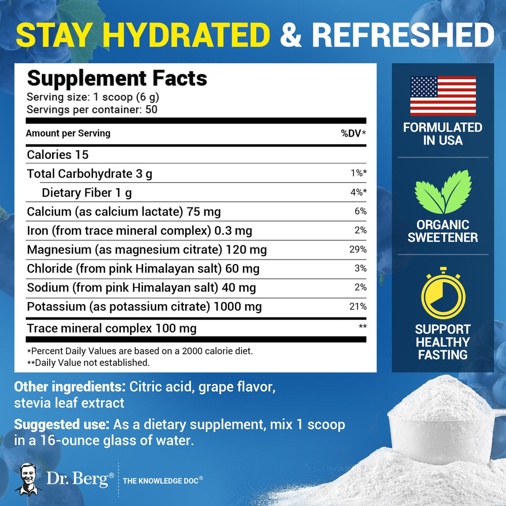 Dr. Berg Zero Sugar Hydration grape tub front highlighting 50 servings.
