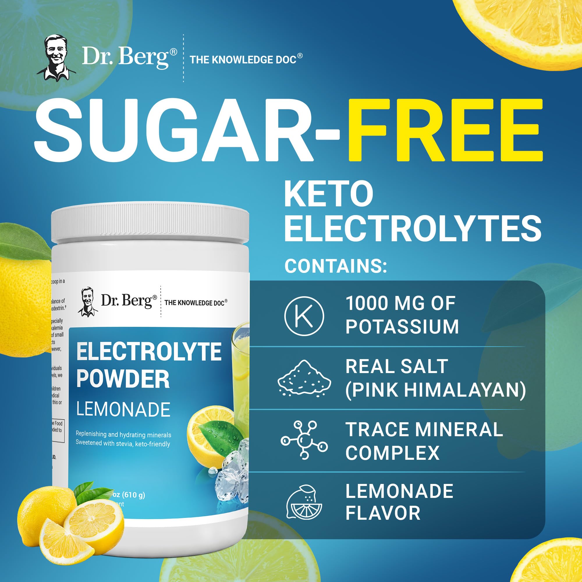 Dr. Berg Zero Sugar Hydration ingredients chart highlighting minerals and flavor options