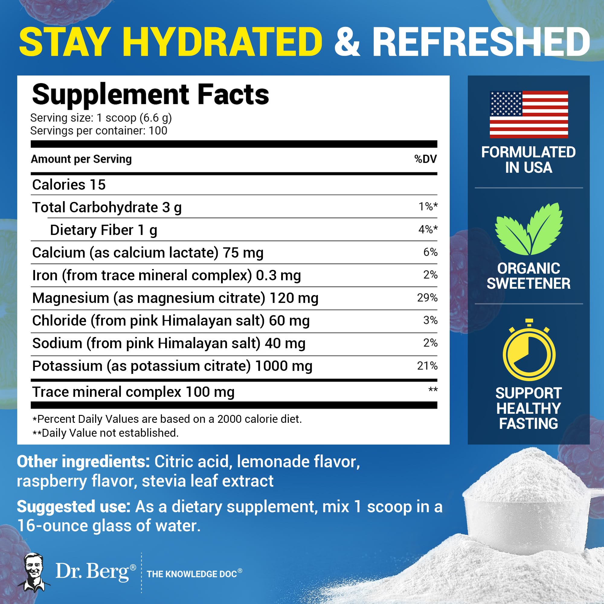 Dr. Berg Zero Sugar Hydration powder raspberry-lemon close-up emphasizing flavor