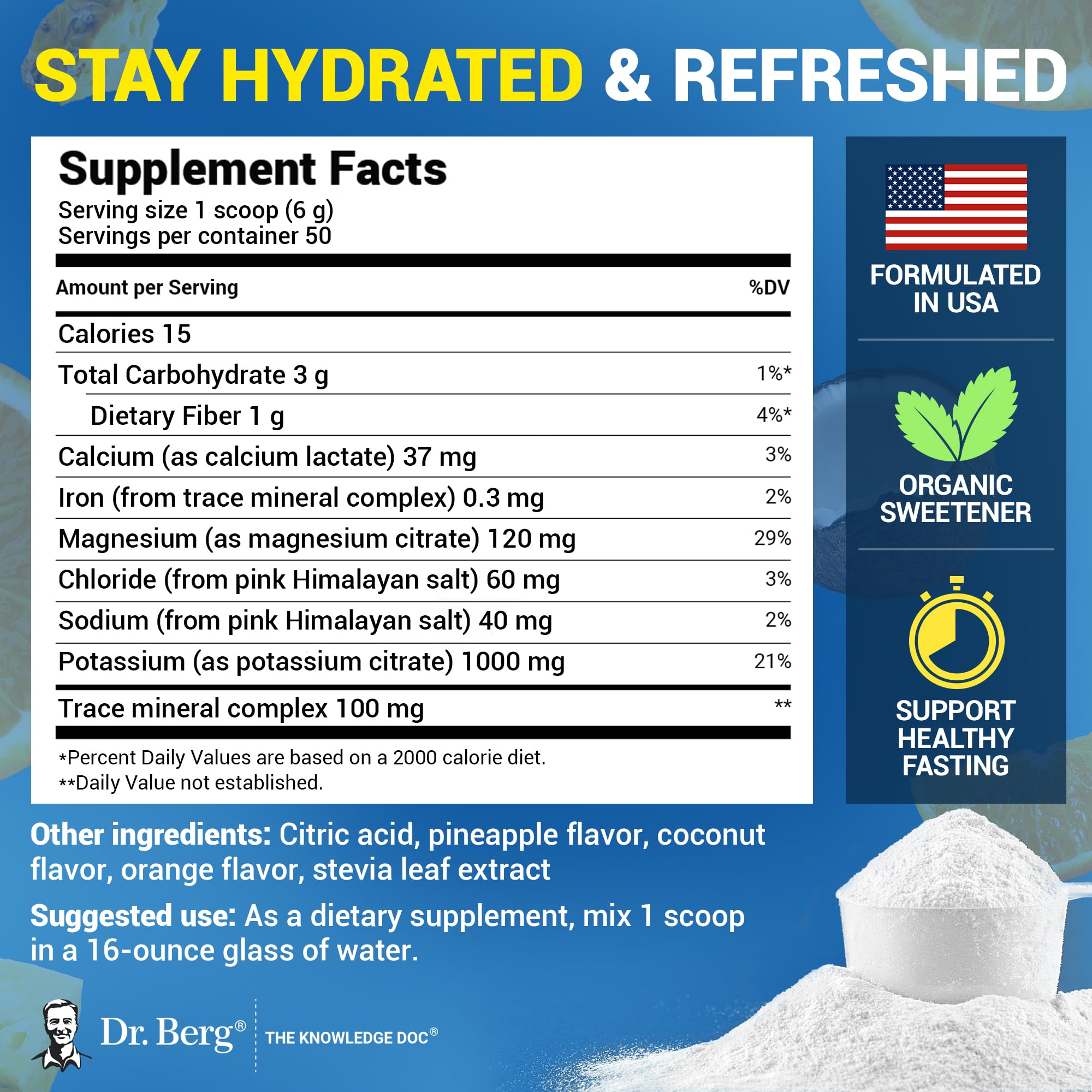 Dr. Berg Zero Sugar Hydration tropical flavor in glass with refreshing taste