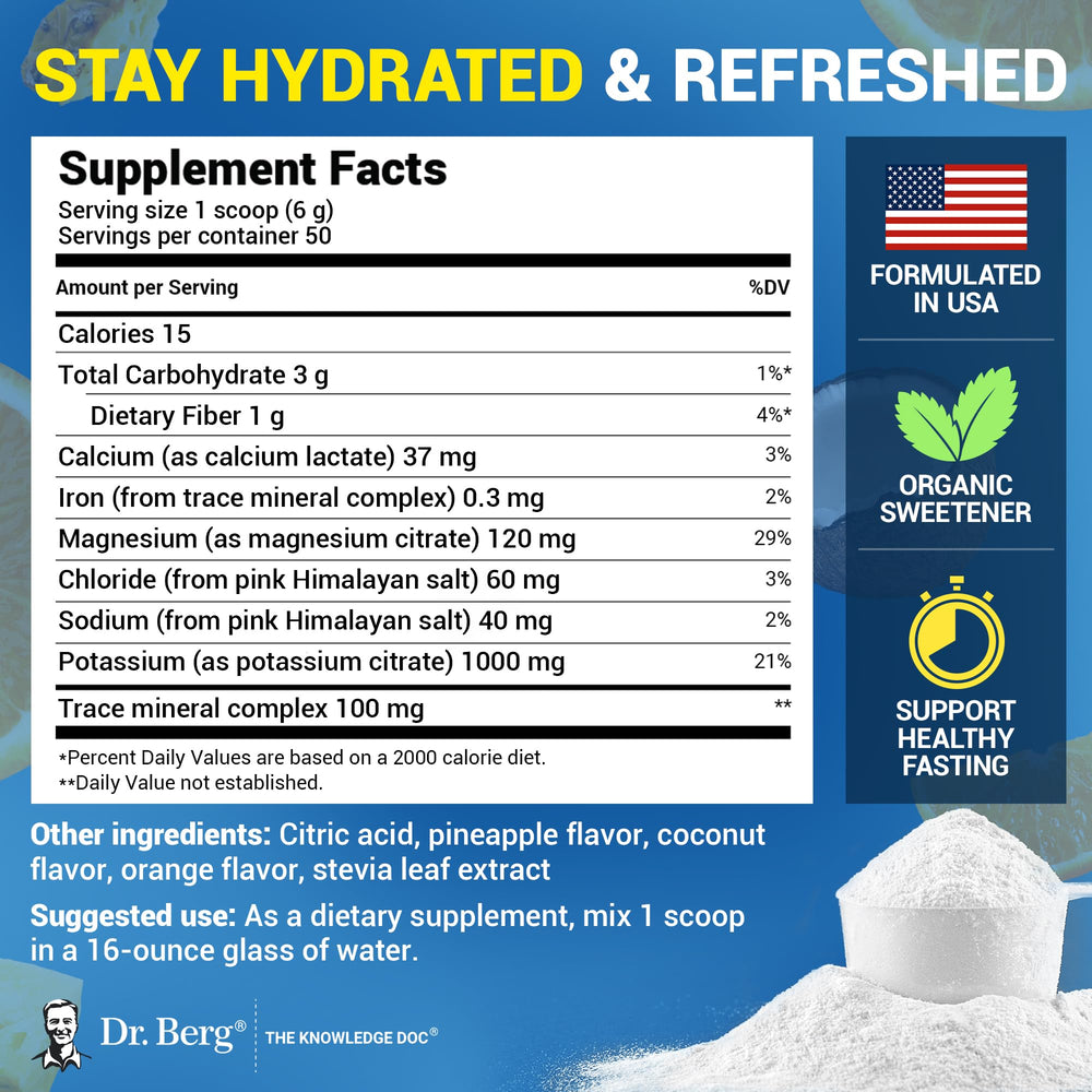 Dr. Berg Zero Sugar Hydration tropical flavor in glass with refreshing taste