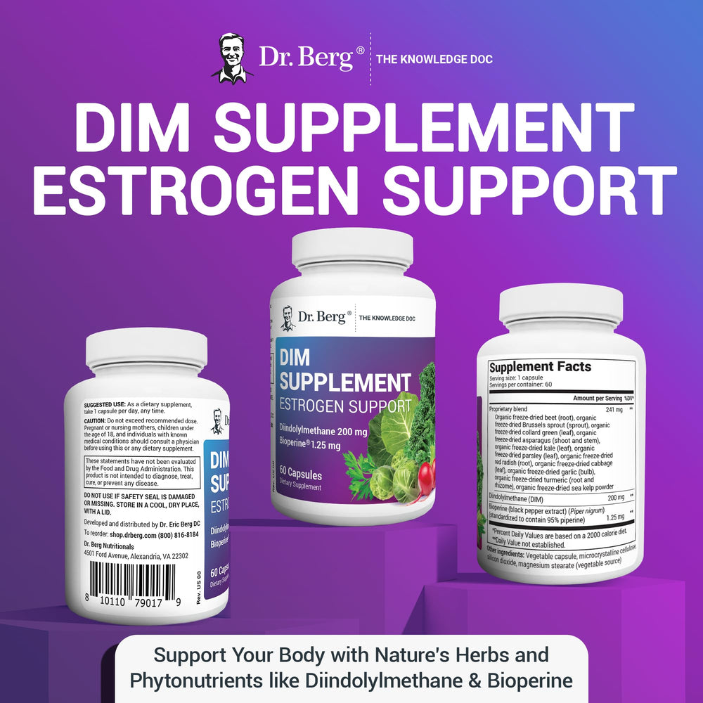 Packaging display for Dr. Berg's DIM highlighting premium ingredients.