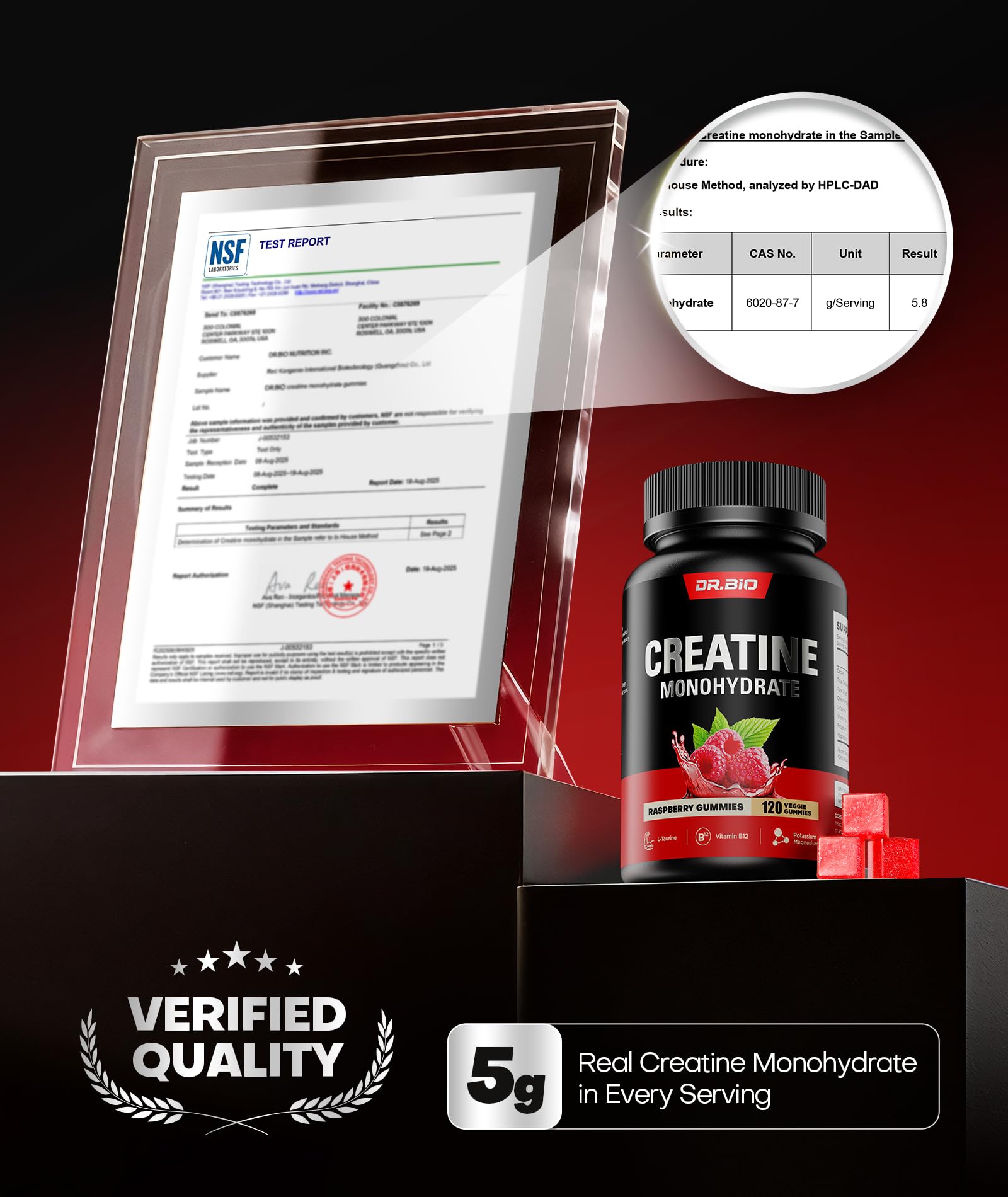 DR.BIO formula card highlights 5g creatine, B12, Mg and K
