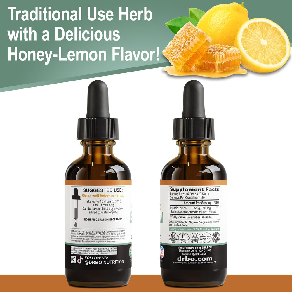 2oz DR. BO lemon balm tincture bottle on a shelf.