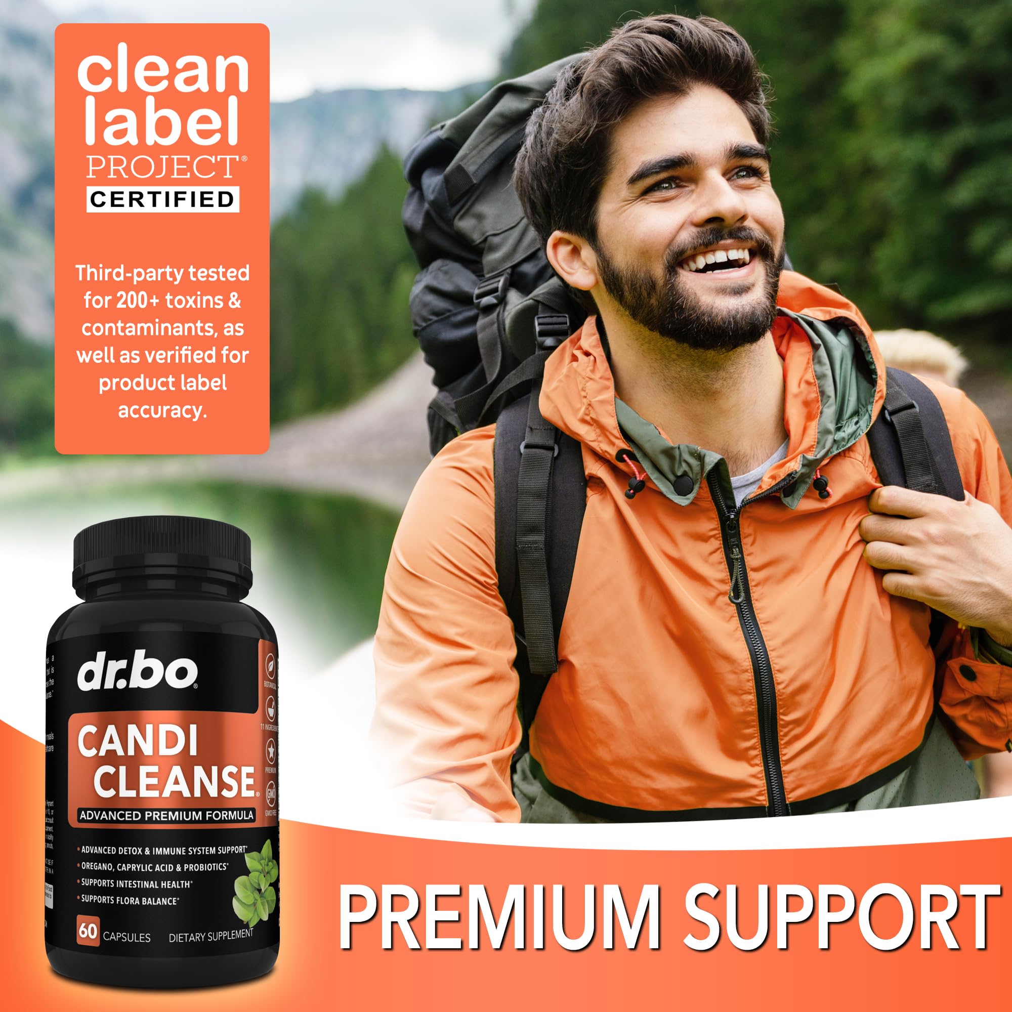 DR. BO Candi Cleanse ingredient strip showing oregano and caprylic acid