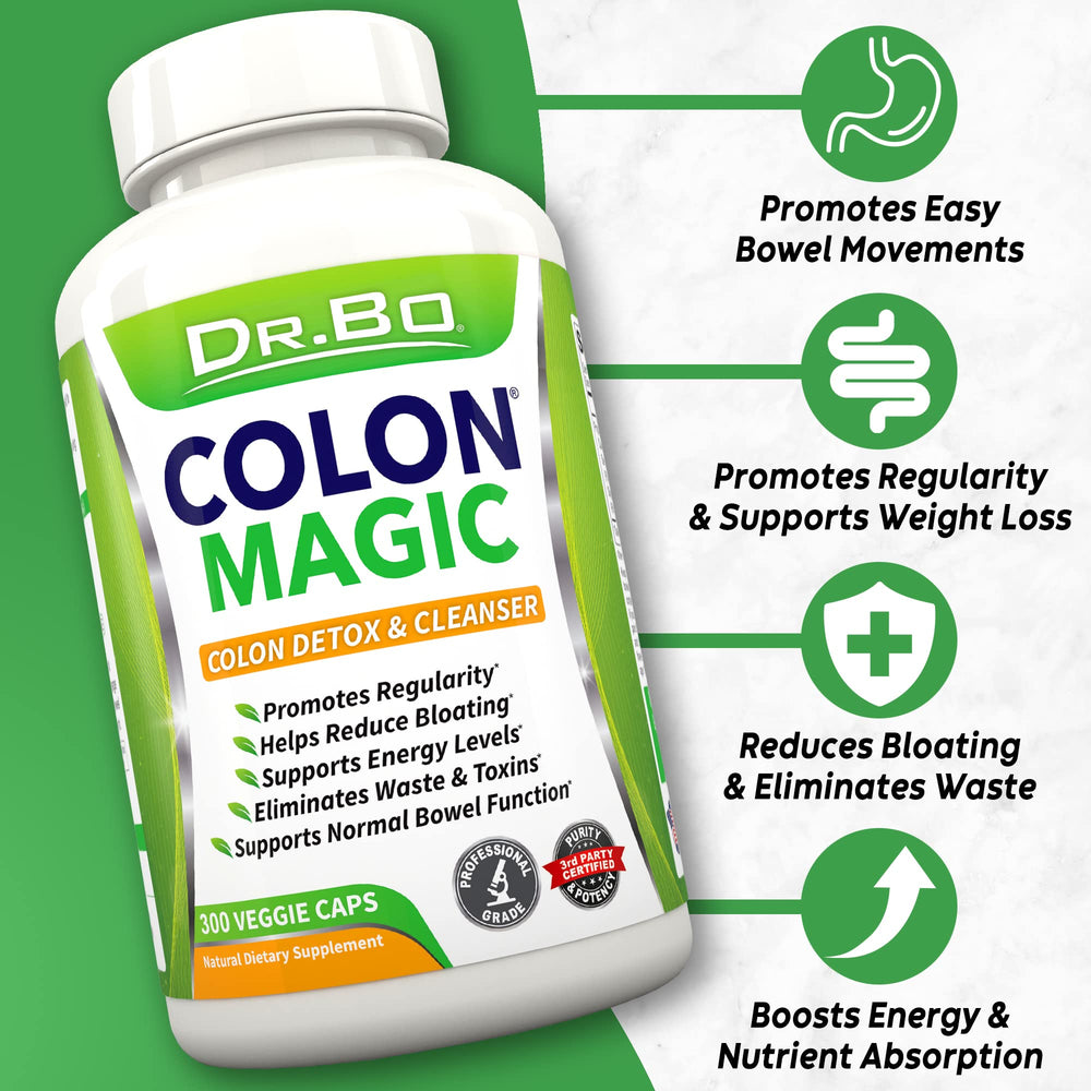 DR. BO Colon Cleanse capsules close-up highlighting detox benefits.