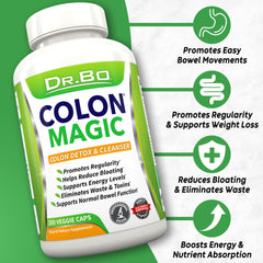 DR. BO Colon Cleanse capsules close-up highlighting detox benefits.