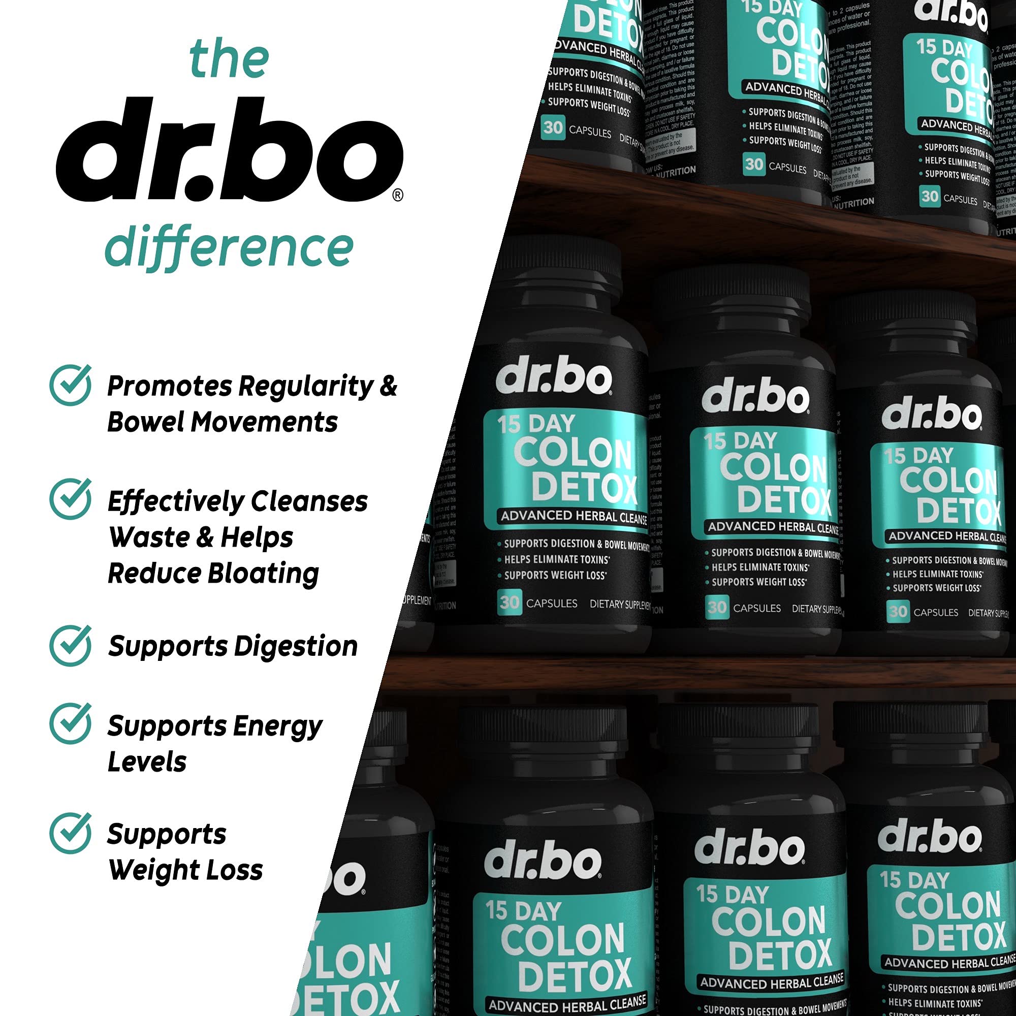 DR. BO Colon Cleanser capsules on table for daily digestion support.