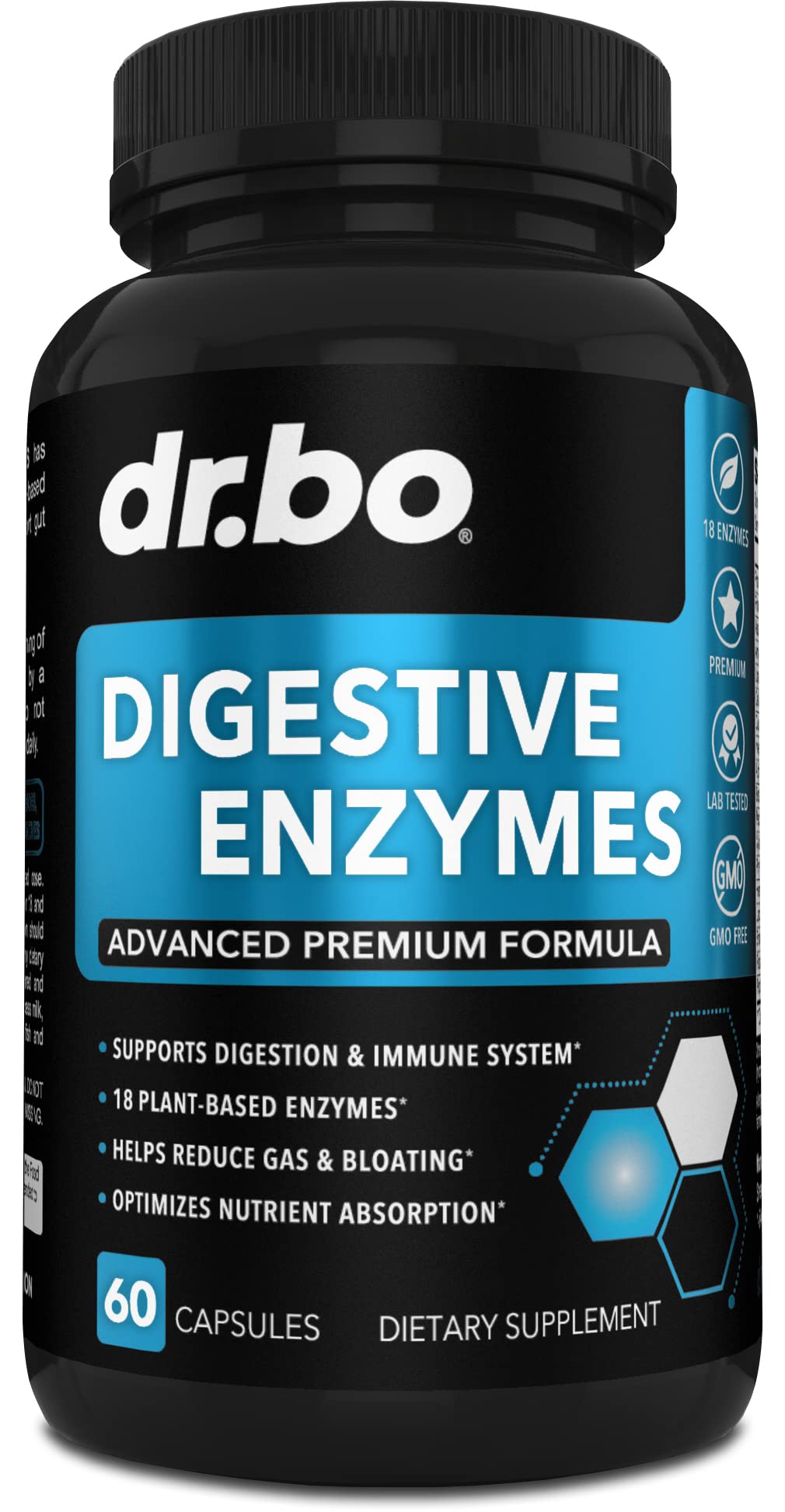 DR. BO Digestive Enzymes bottle presents a plant-based blend for digestion support