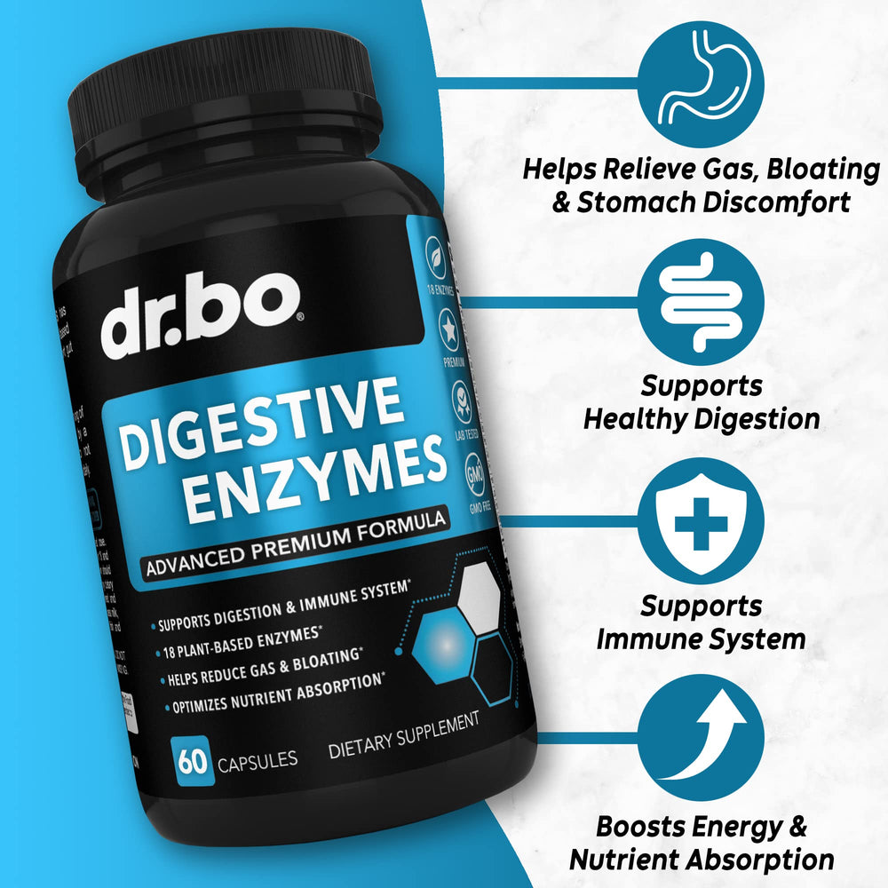 DR. BO Digestive Enzymes capsules closeup showing easy-to-swallow daily use