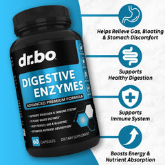 DR. BO Digestive Enzymes capsules closeup showing easy-to-swallow daily use