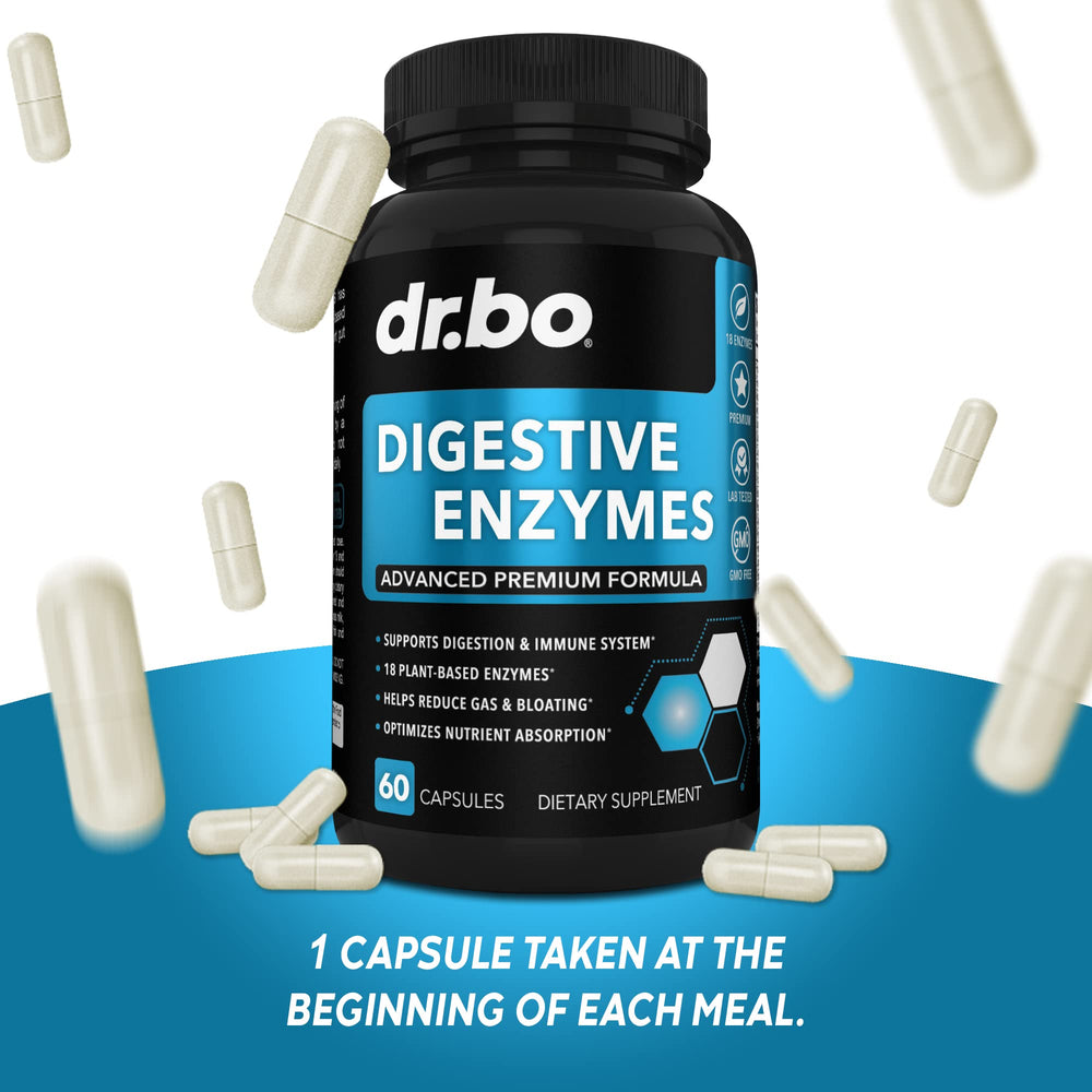 DR. BO Digestive Enzymes capsules pour illustrates convenient daily dosing