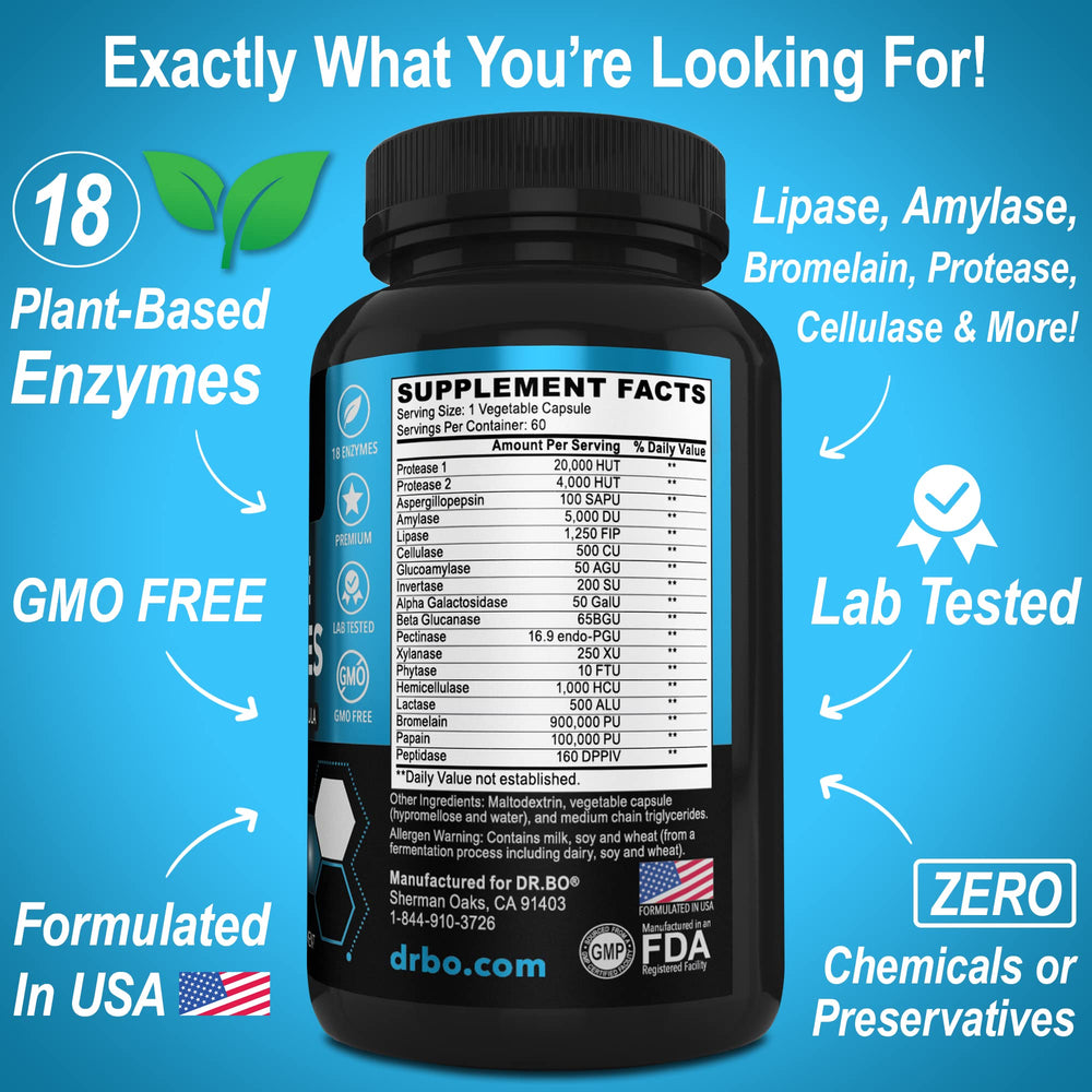 DR. BO Digestive Enzymes ingredients list emphasizes lipase and amylase for fat and carb digestion