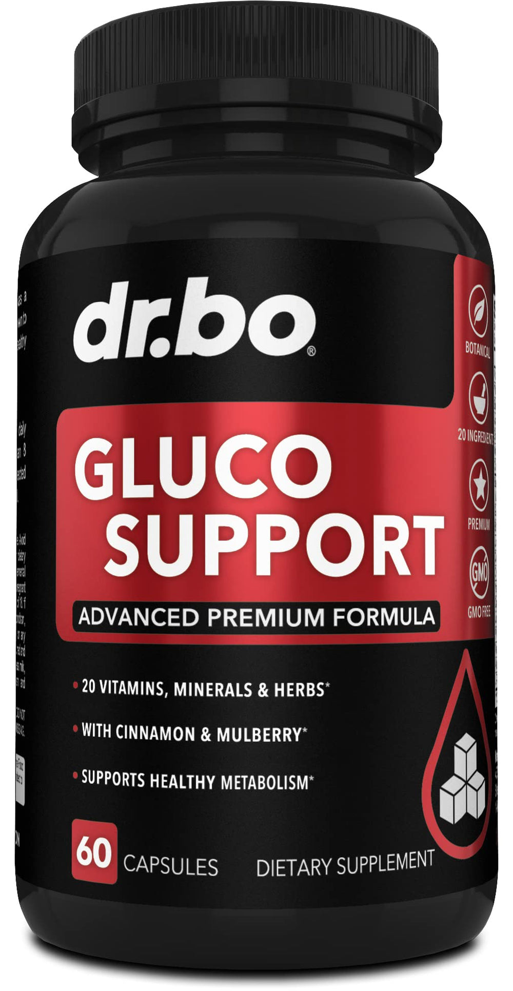 DR. BO Gluco Support bottle label highlights chromium and cinnamon for metabolism support.