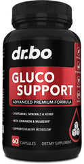DR. BO Gluco Support bottle label highlights chromium and cinnamon for metabolism support.