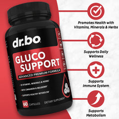 Capsules close-up shows easy-to-swallow DR. BO Gluco Support formula for daily use.