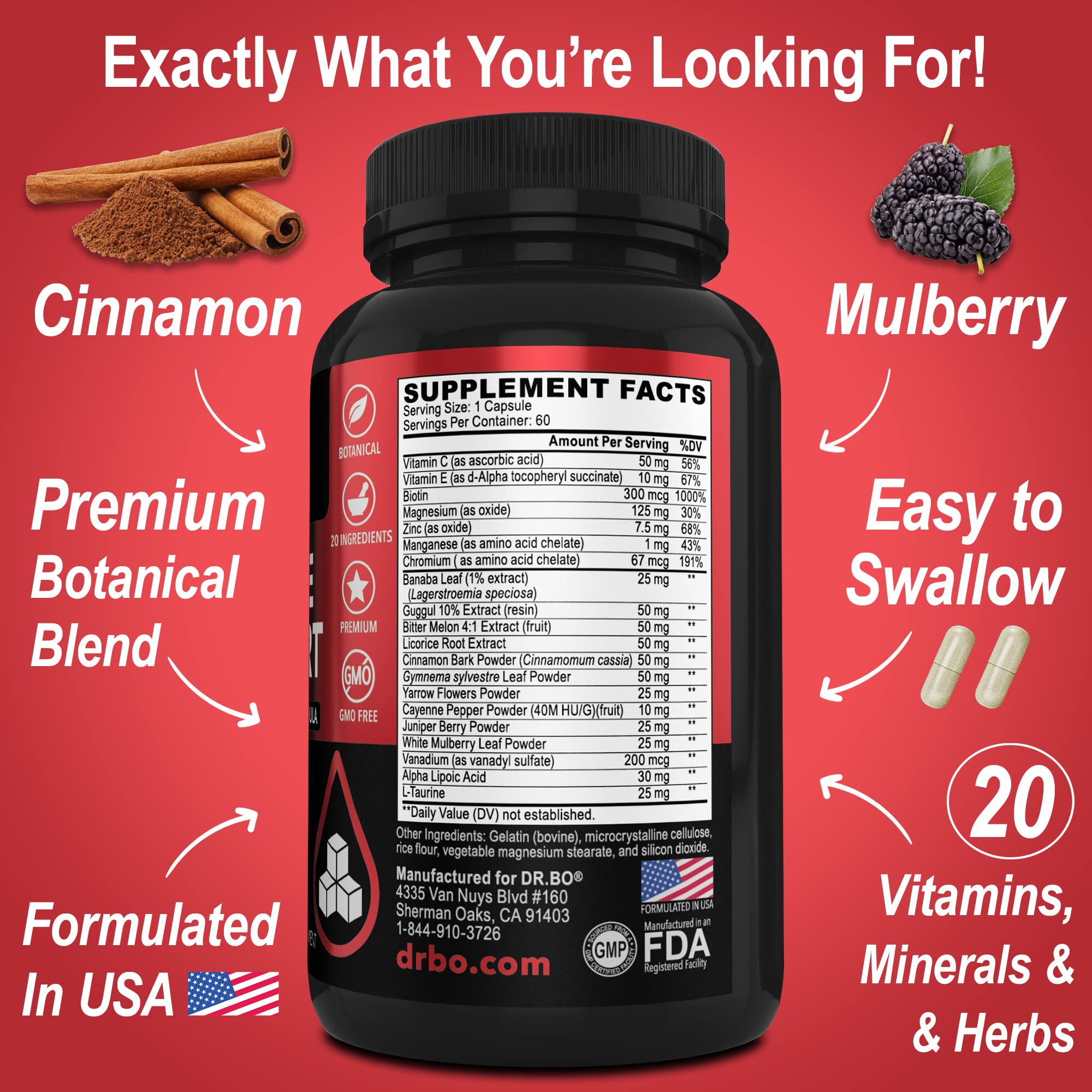 DR. BO Gluco Support ingredient panel emphasizes minerals and herbs for wellness.