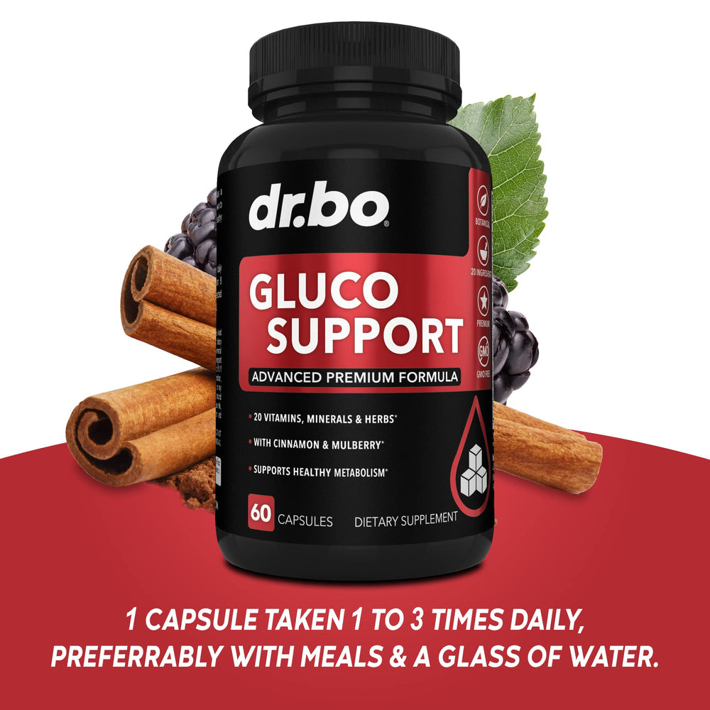 Bottle on table suggests straightforward daily routine with DR. BO Gluco Support.
