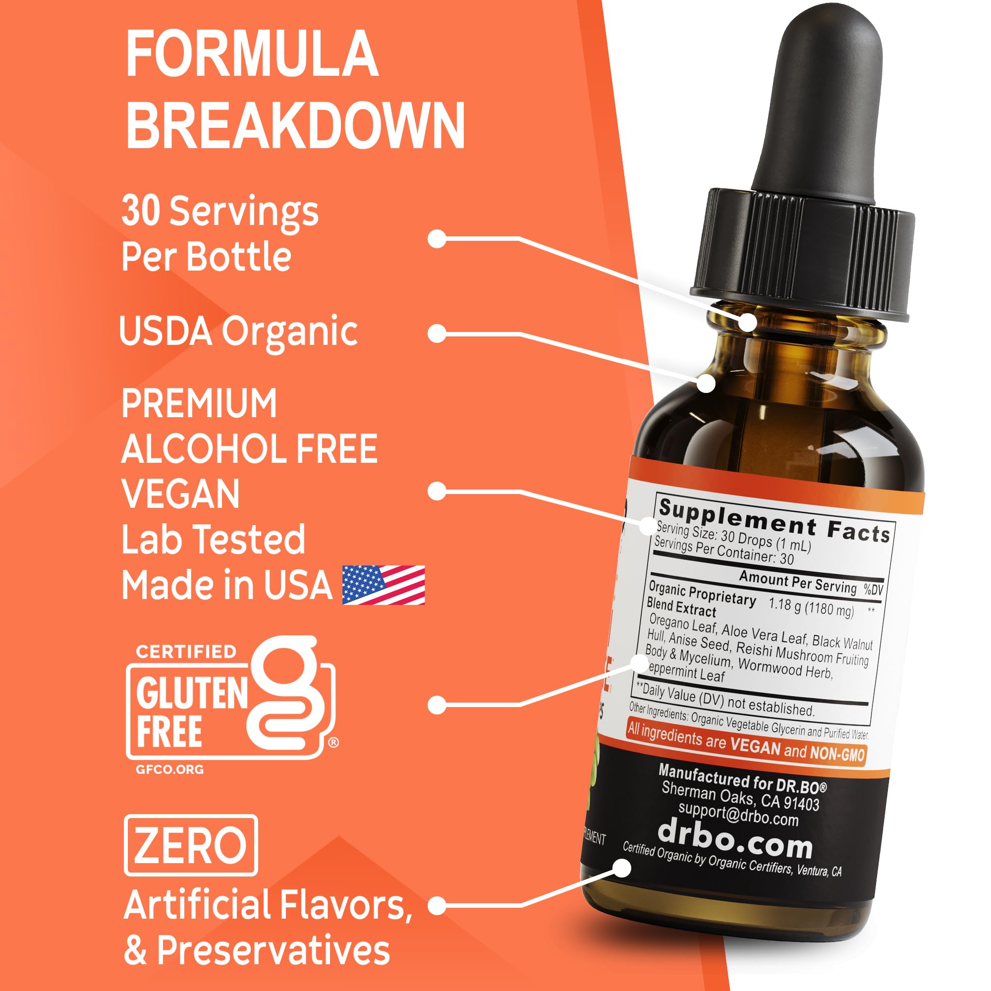 DR. BO Herbal ingredients blend visual underscores natural gut care options.