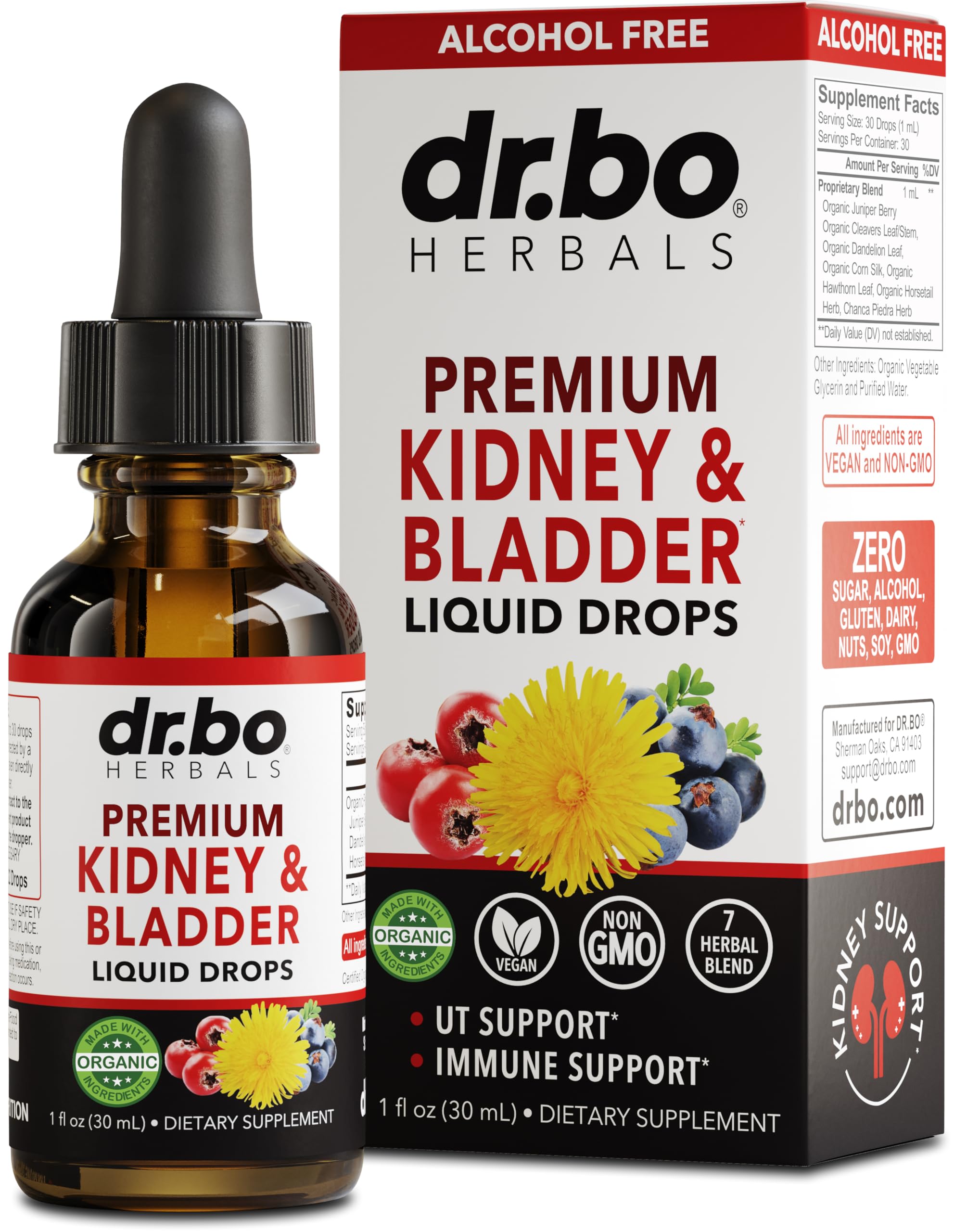 DR. BO Kidney Support Drops bottle shows herbal blend for urinary health support.
