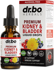 DR. BO Kidney Support Drops bottle shows herbal blend for urinary health support.