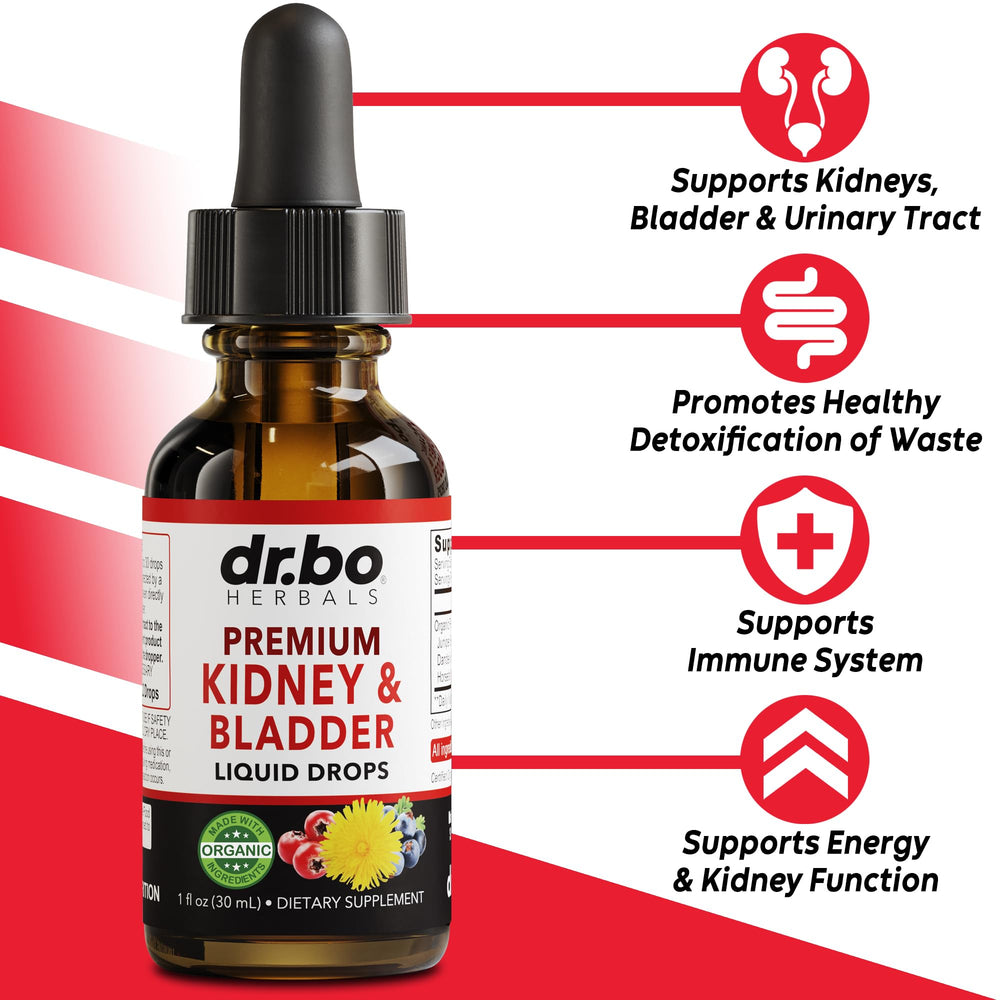 DR. BO Kidney Support Drops pour demonstrates convenient daily use for on-the-go wellness.