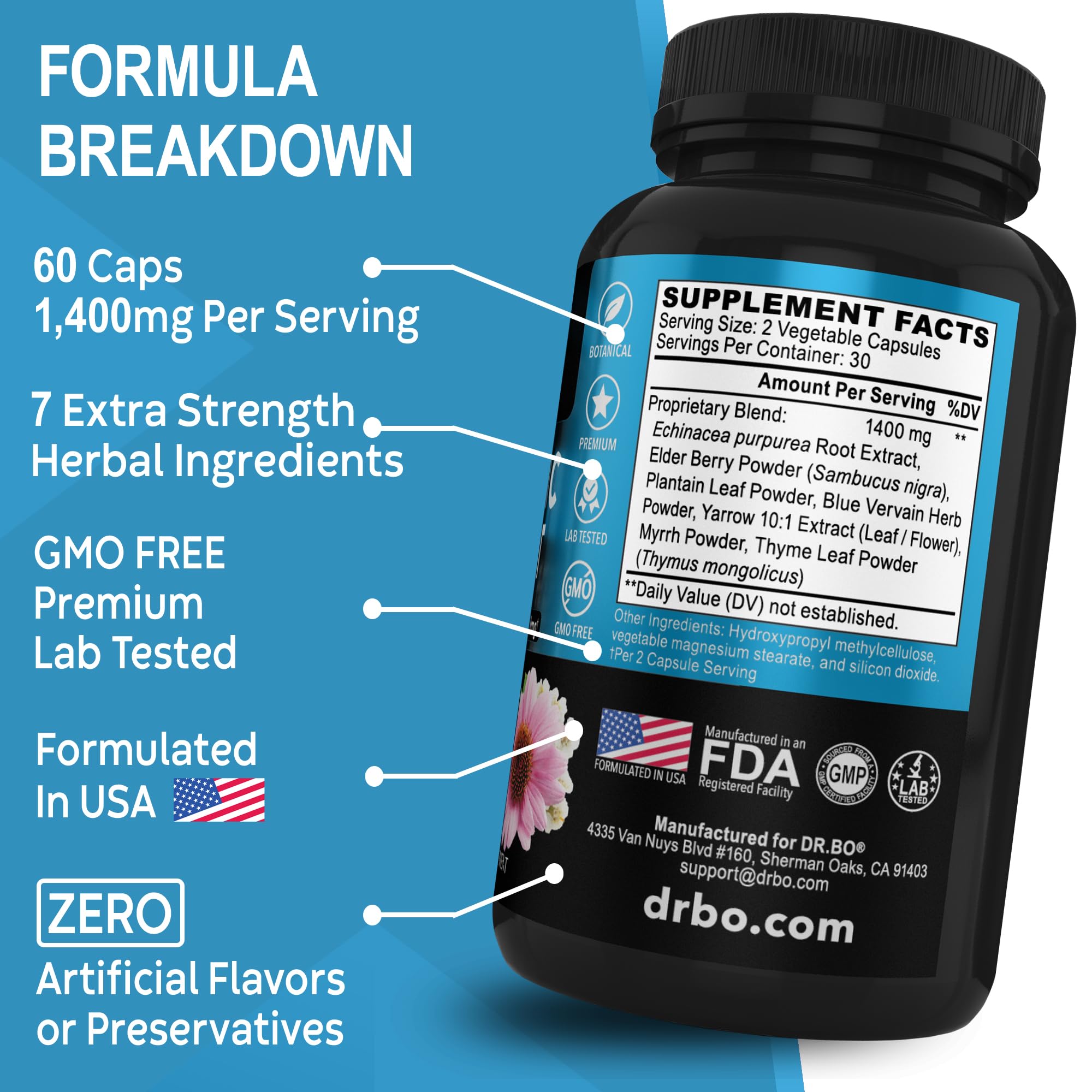 DR. BO label details showing natural herb blend and directions.
