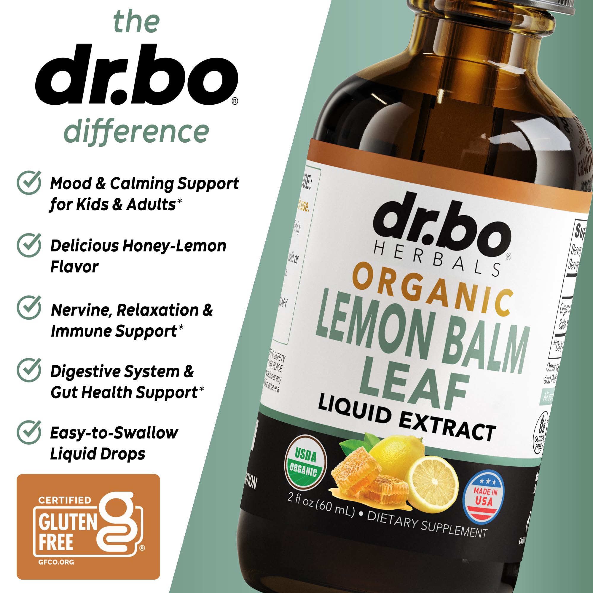 Daily-use lemon balm drops ideal for kids and adults.