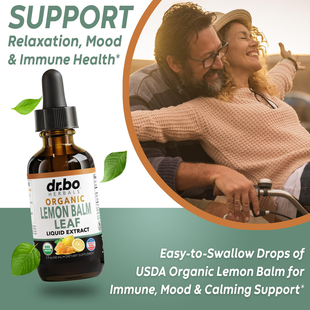 DR. BO lemon balm tincture with tea pairing for a soothing ritual.