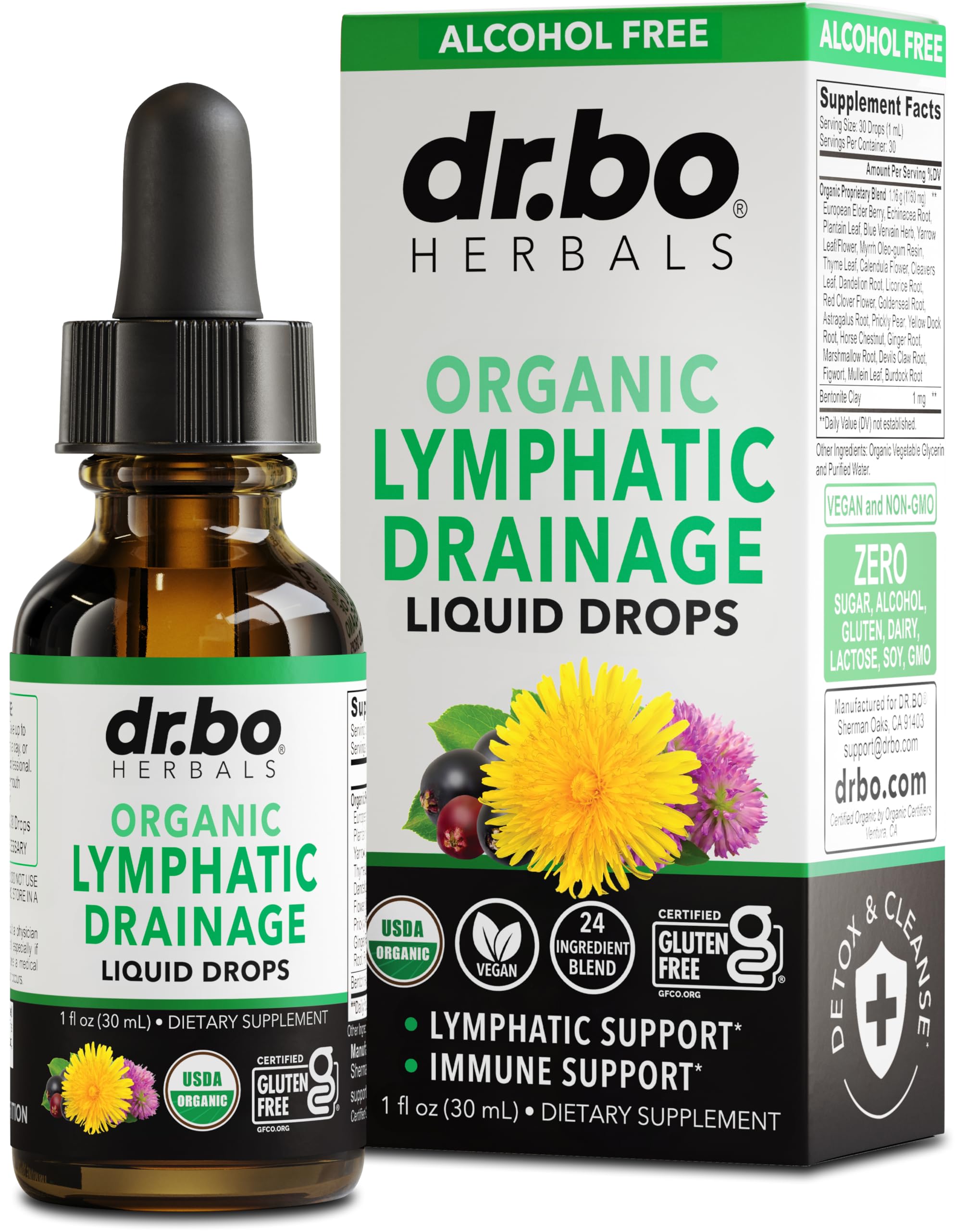 DR. BO Lymphatic Drainage Drops bottle for easy at-home herbal support.