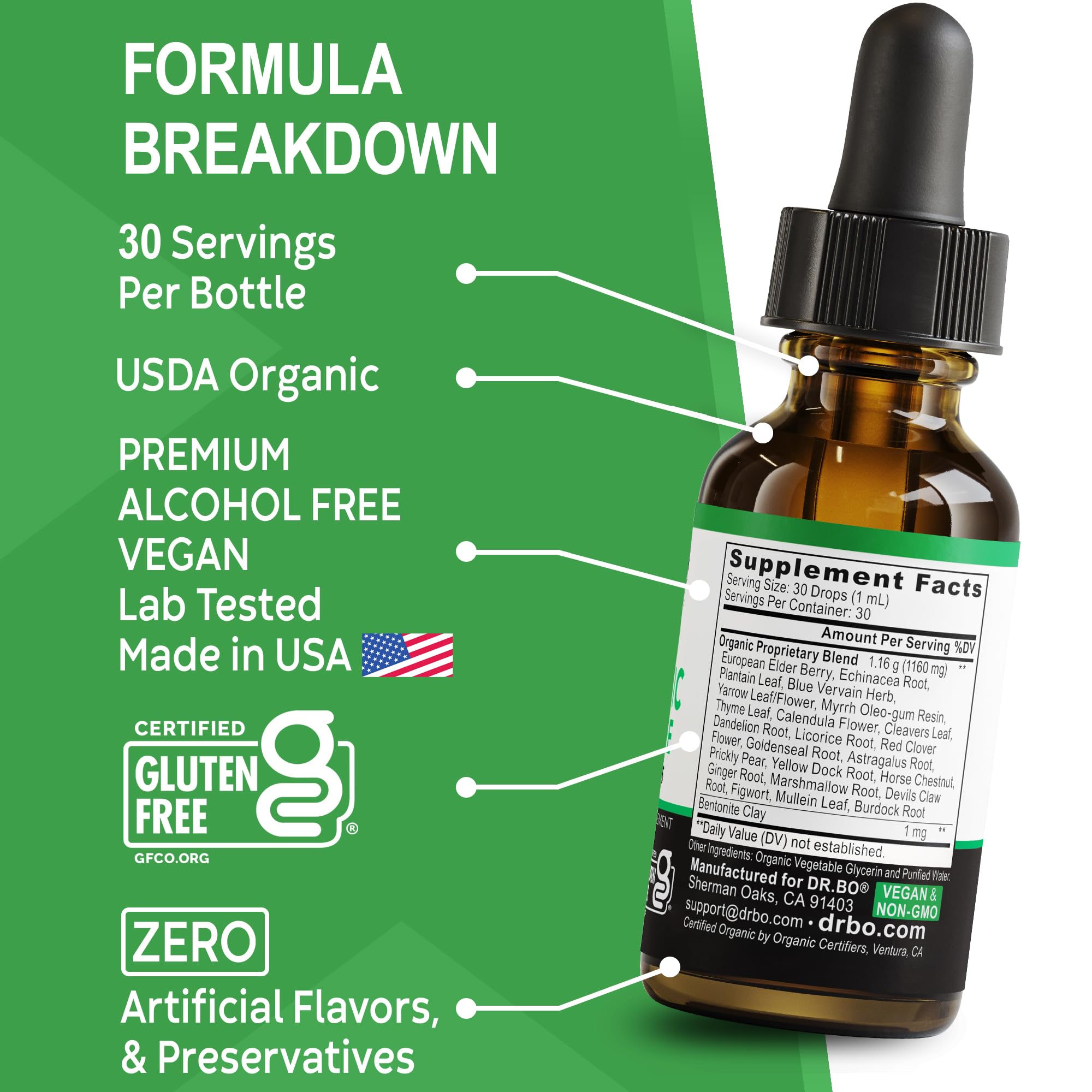 DR. BO Lymphatic Drainage Drops in-use scene suggests daily lymph support routine.