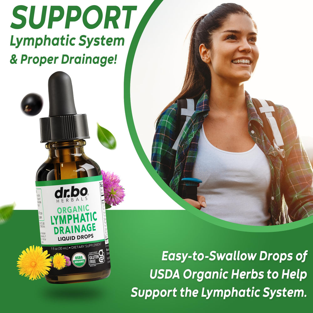 DR. BO Lymphatic Drainage Drops label front highlights organic herbal blend.