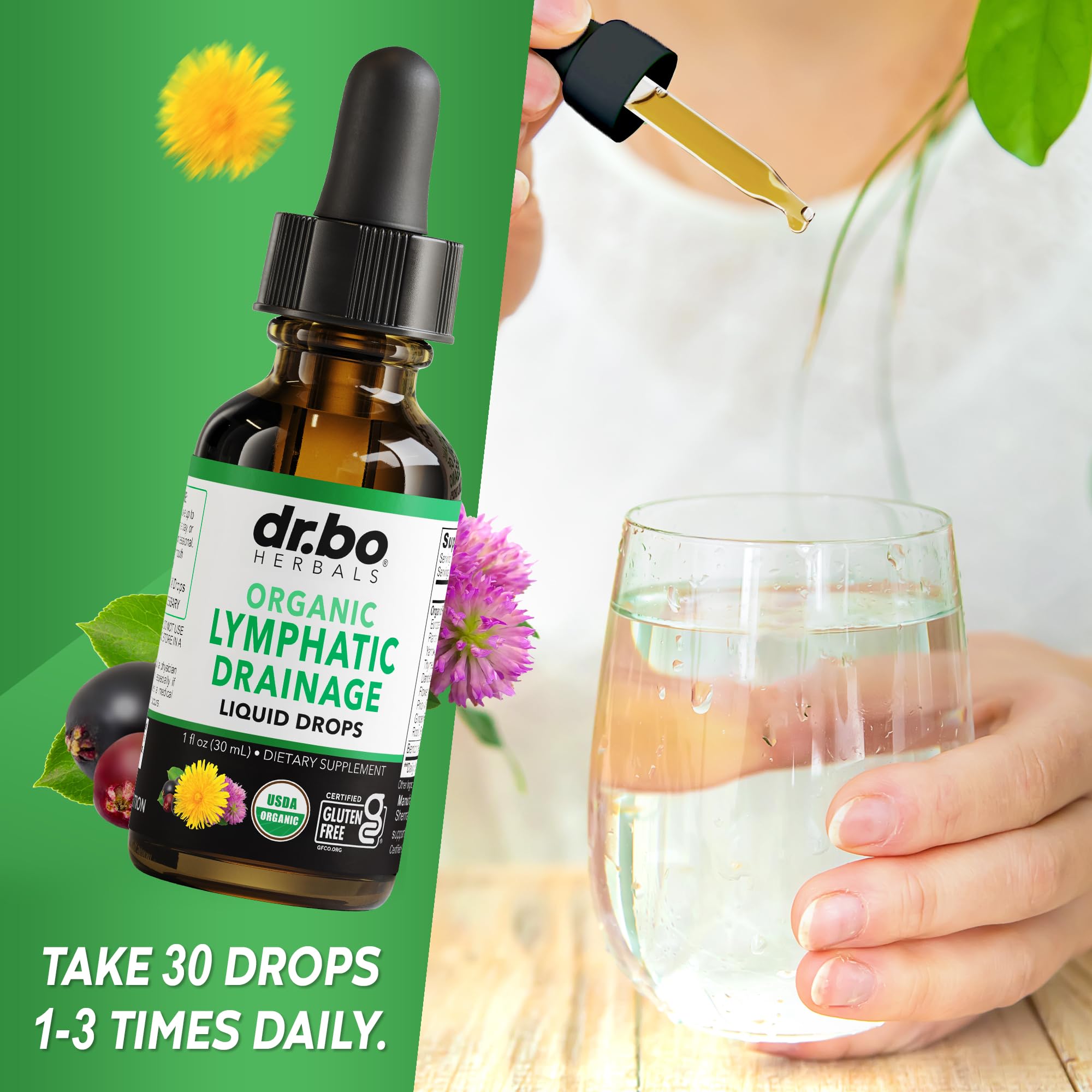 DR. BO Lymphatic Drainage Drops packaging box shows USDA Organic certification.
