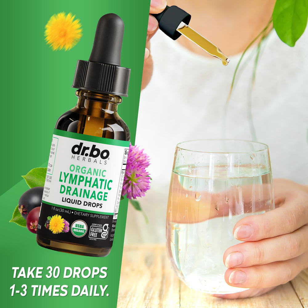 DR. BO Lymphatic Drainage Drops packaging box shows USDA Organic certification.