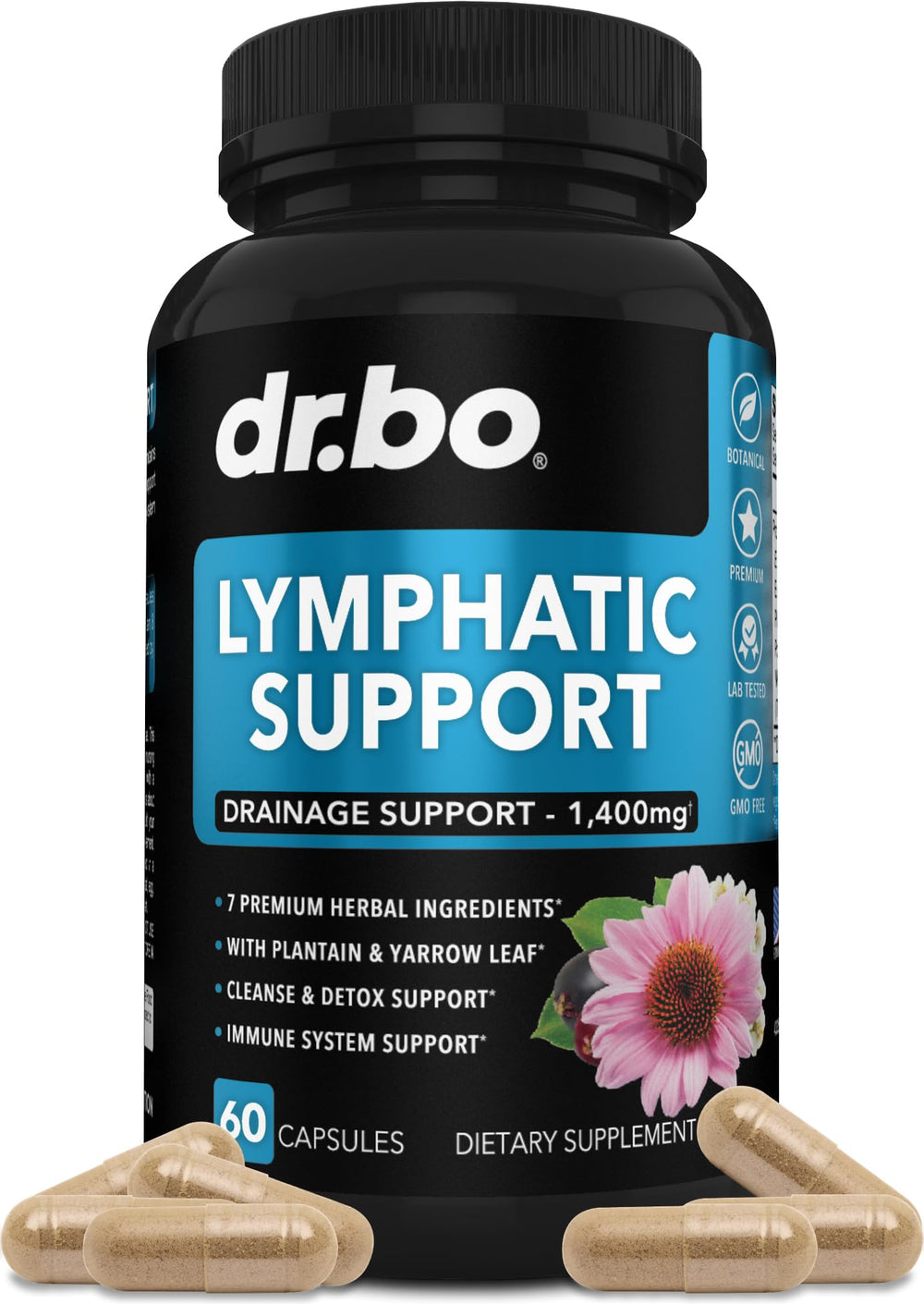 DR. BO Lymphatic pills bottle with herbal blend for daily support.