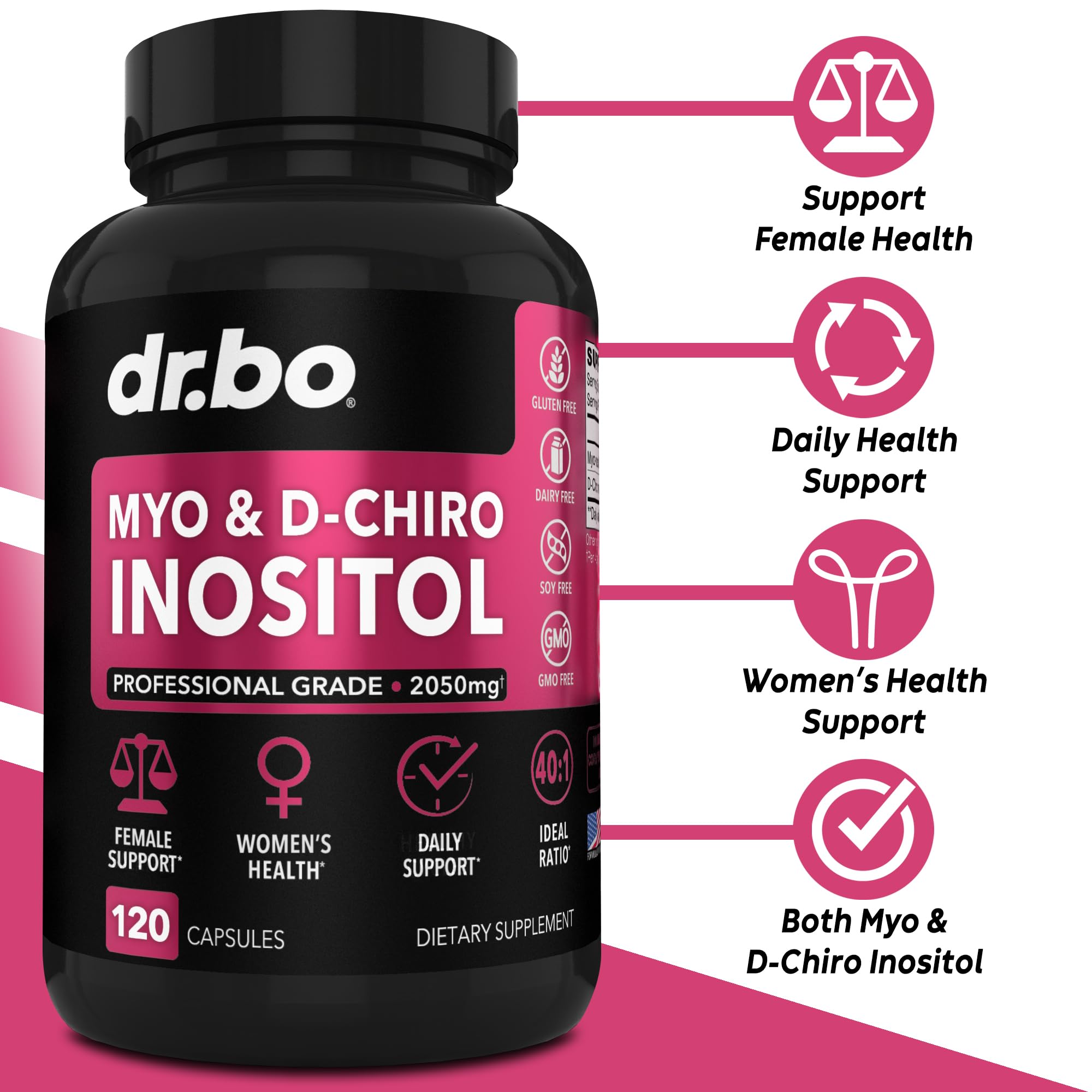 DR. BO Myo-Inositol capsules close-up, easy-to-swallow for daily use.