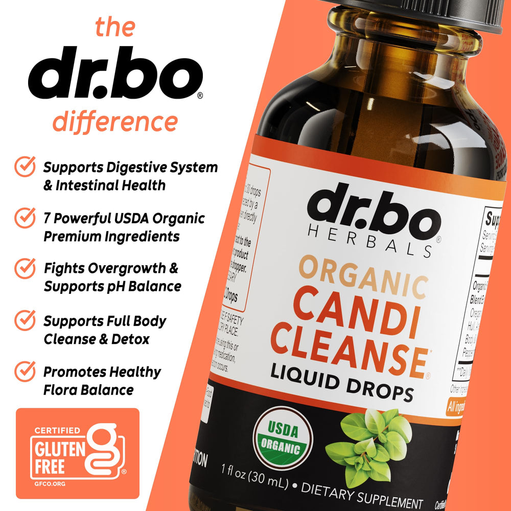 DR. BO Organic oregano oil drops bottle emphasizes potent cleansing support.